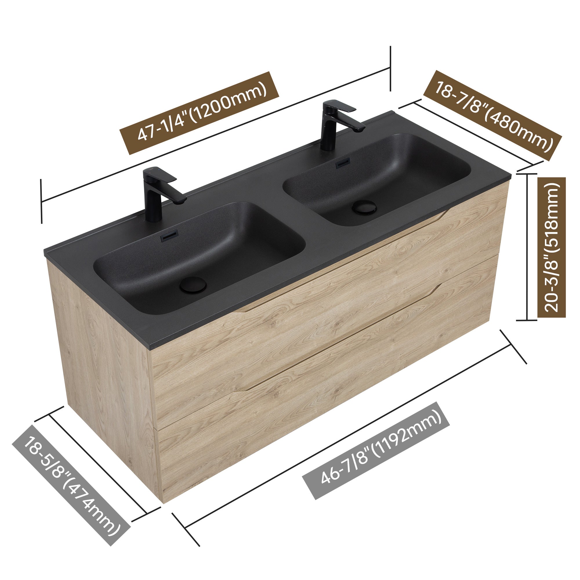 WOODBRIDGE 47-1/4" Wall Mounted Double Basin Vanity – Evita Oak Wood Finish with Black Quartz Sand Composite Top, Floating Design