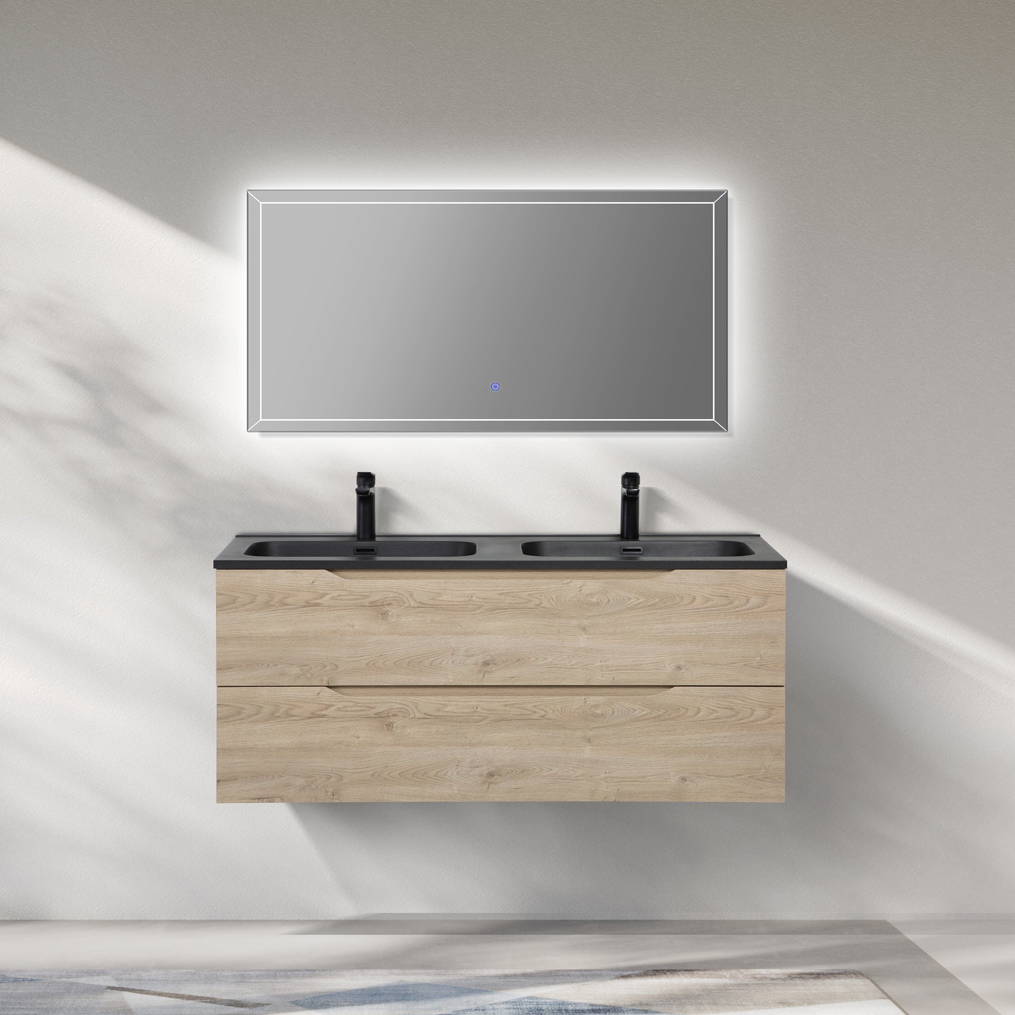 WOODBRIDGE 47-1/4" Wall Mounted Double Basin Vanity – Evita Oak Wood Finish with Black Quartz Sand Composite Top, Floating Design