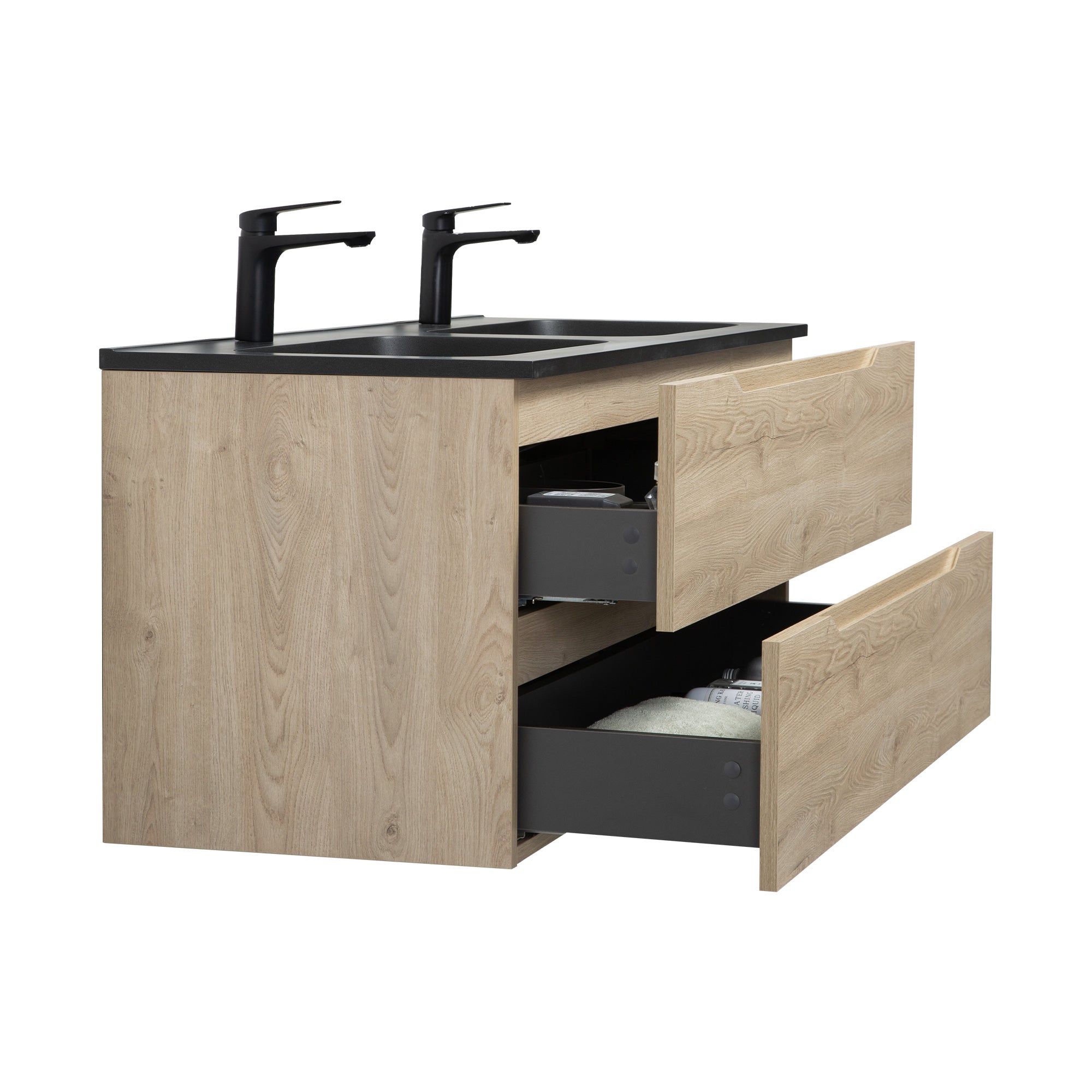 WOODBRIDGE 47-1/4" Wall Mounted Double Basin Vanity – Evita Oak Wood Finish with Black Quartz Sand Composite Top, Floating Design