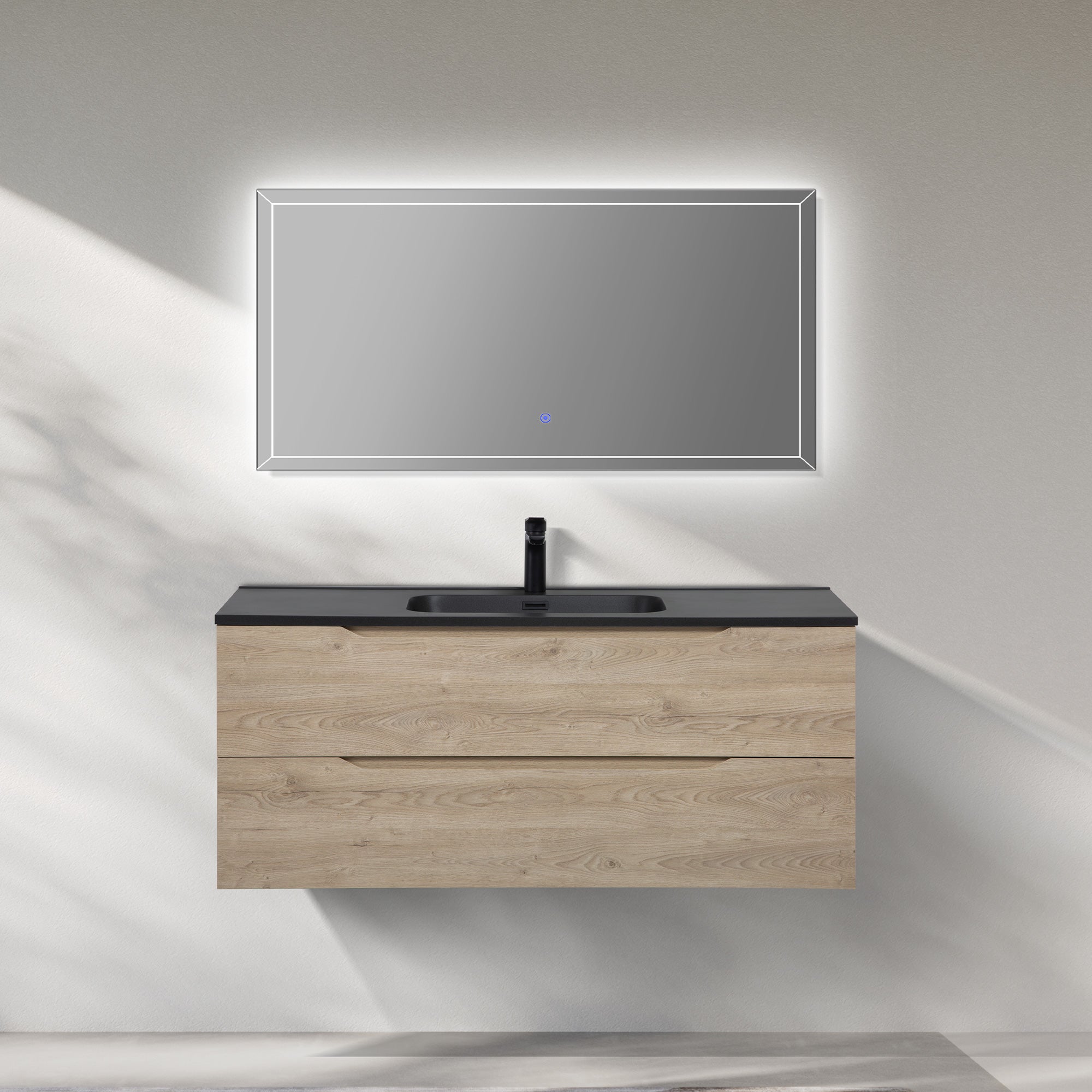 WOODBRIDGE 23-5/8" Wall Mounted Single Basin Vanity – Evita Oak Wood Finish with Black Quartz Sand Composite Top, Floating Design