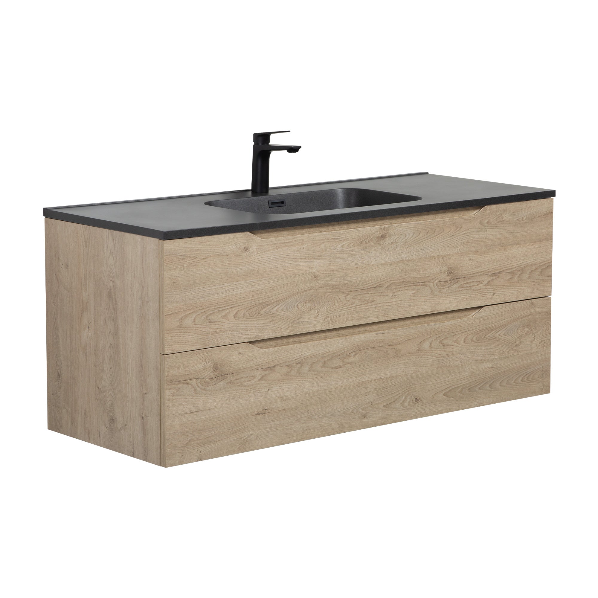 WOODBRIDGE 23-5/8" Wall Mounted Single Basin Vanity – Evita Oak Wood Finish with Black Quartz Sand Composite Top, Floating Design