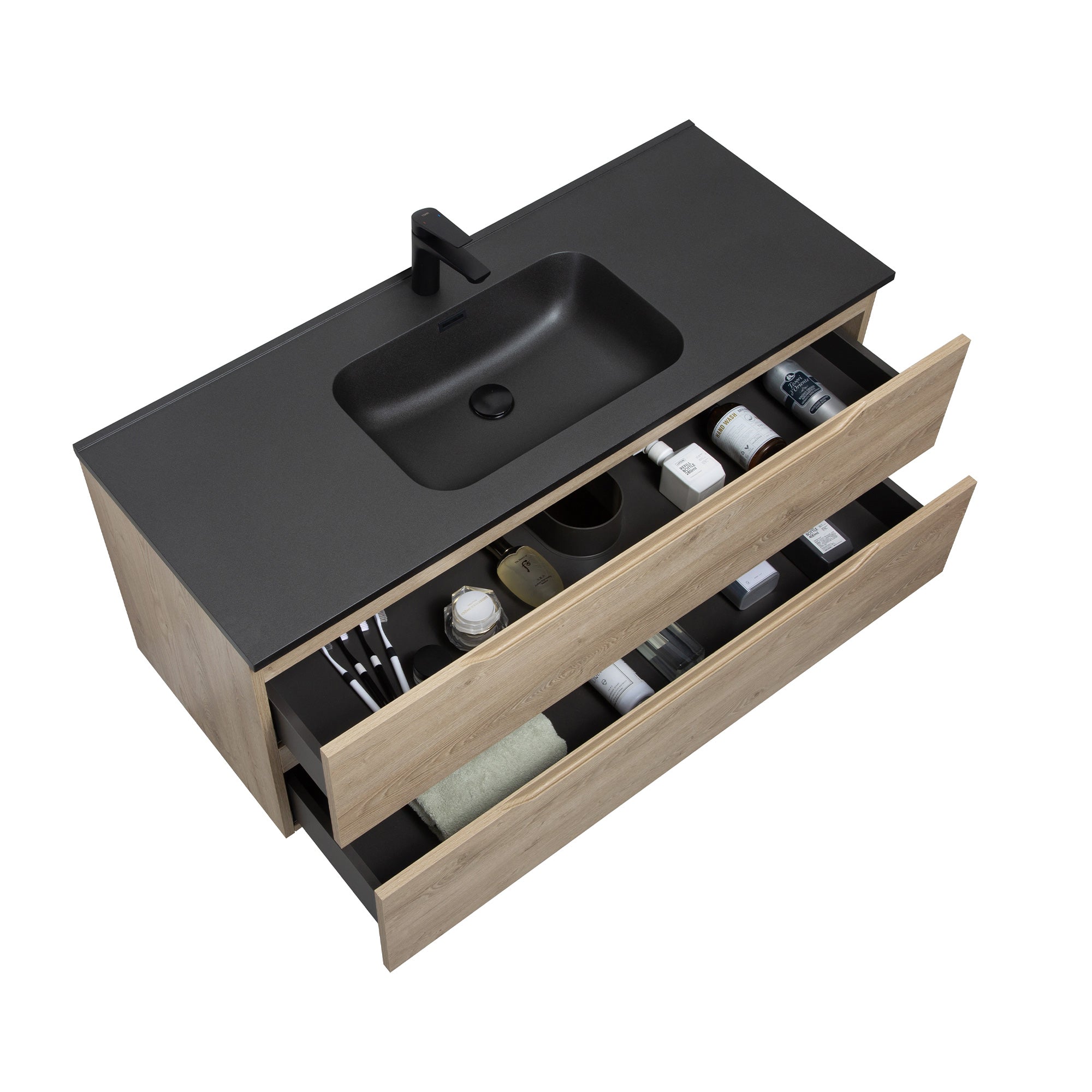 WOODBRIDGE 23-5/8" Wall Mounted Single Basin Vanity – Evita Oak Wood Finish with Black Quartz Sand Composite Top, Floating Design
