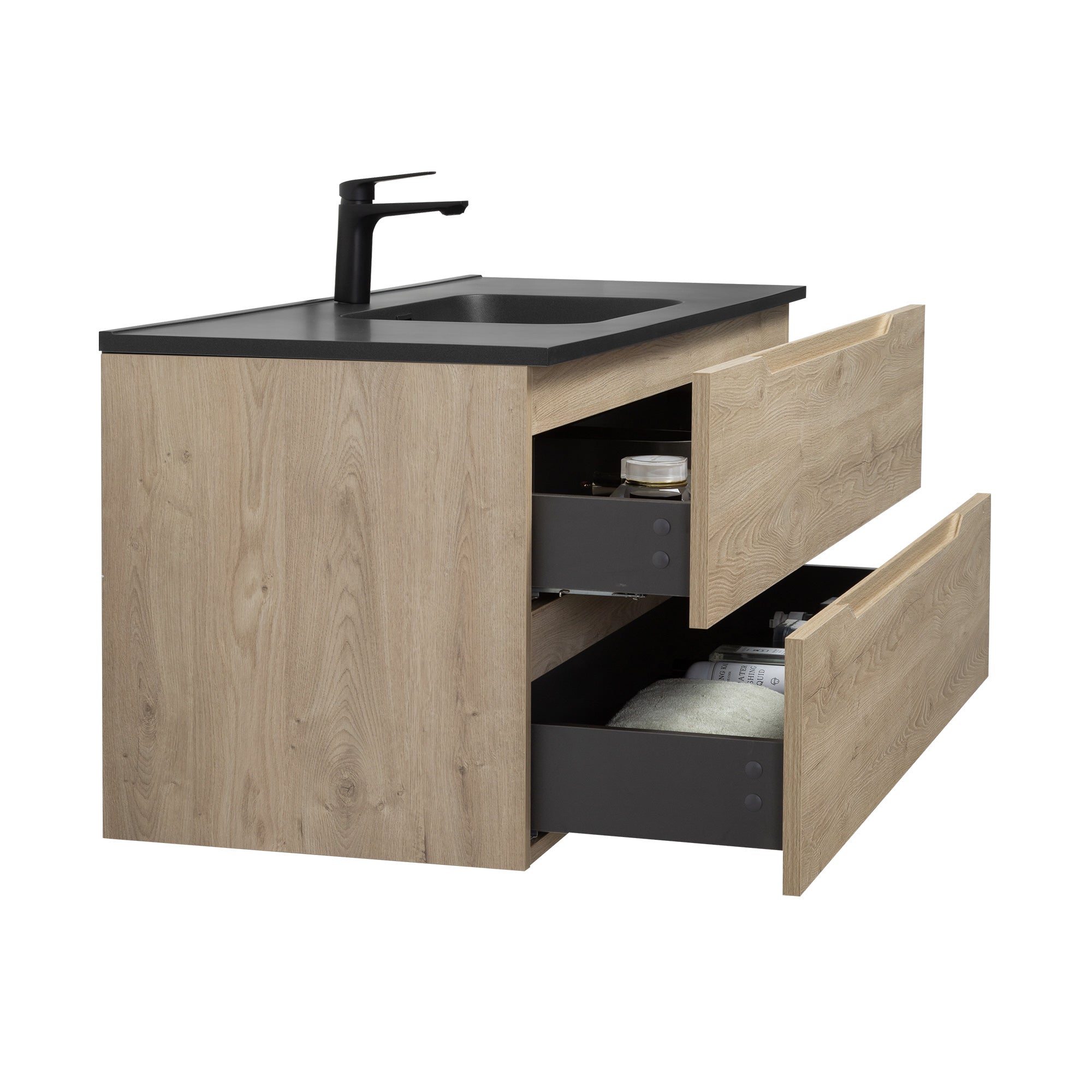 WOODBRIDGE 23-5/8" Wall Mounted Single Basin Vanity – Evita Oak Wood Finish with Black Quartz Sand Composite Top, Floating Design