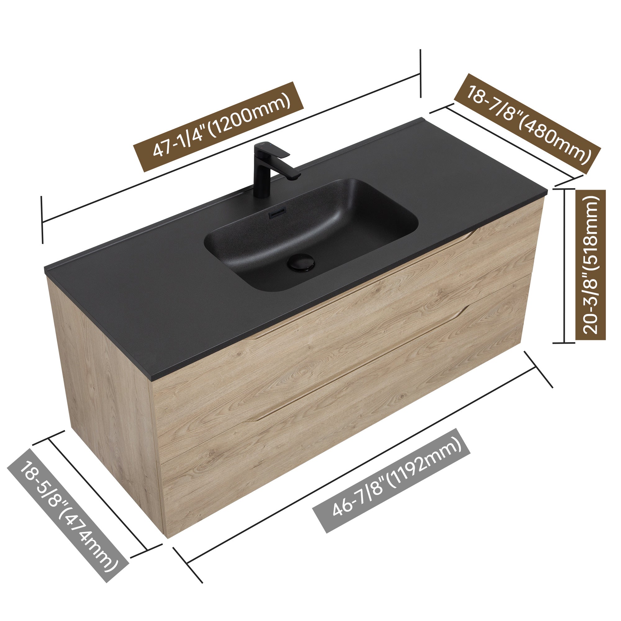 WOODBRIDGE 23-5/8" Wall Mounted Single Basin Vanity – Evita Oak Wood Finish with Black Quartz Sand Composite Top, Floating Design