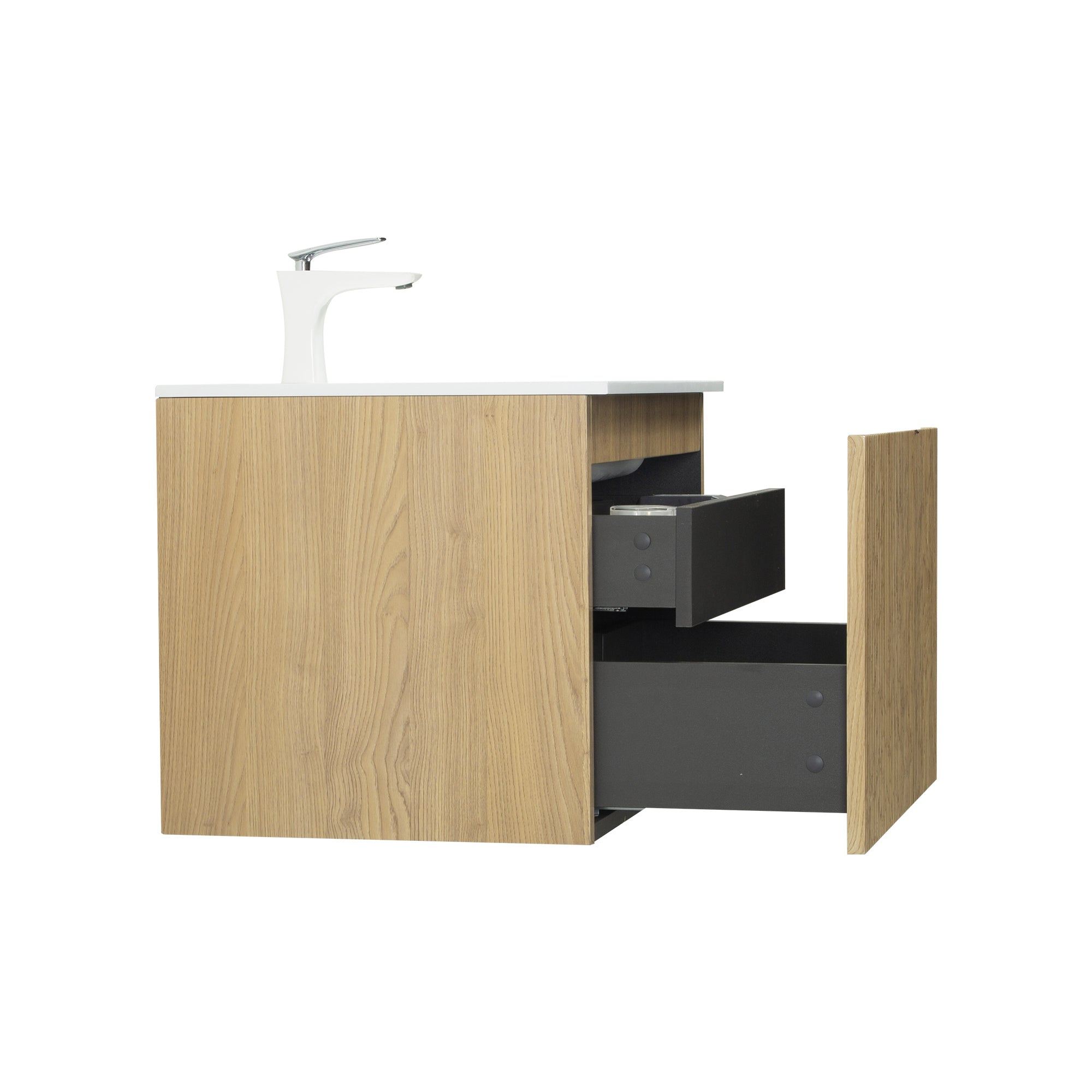 WOODBRIDGE 23-5/8" Wall Mounted Floating Bathroom Vanity in Yellow Oak Wood Finish with White Resin Top and Single Sink