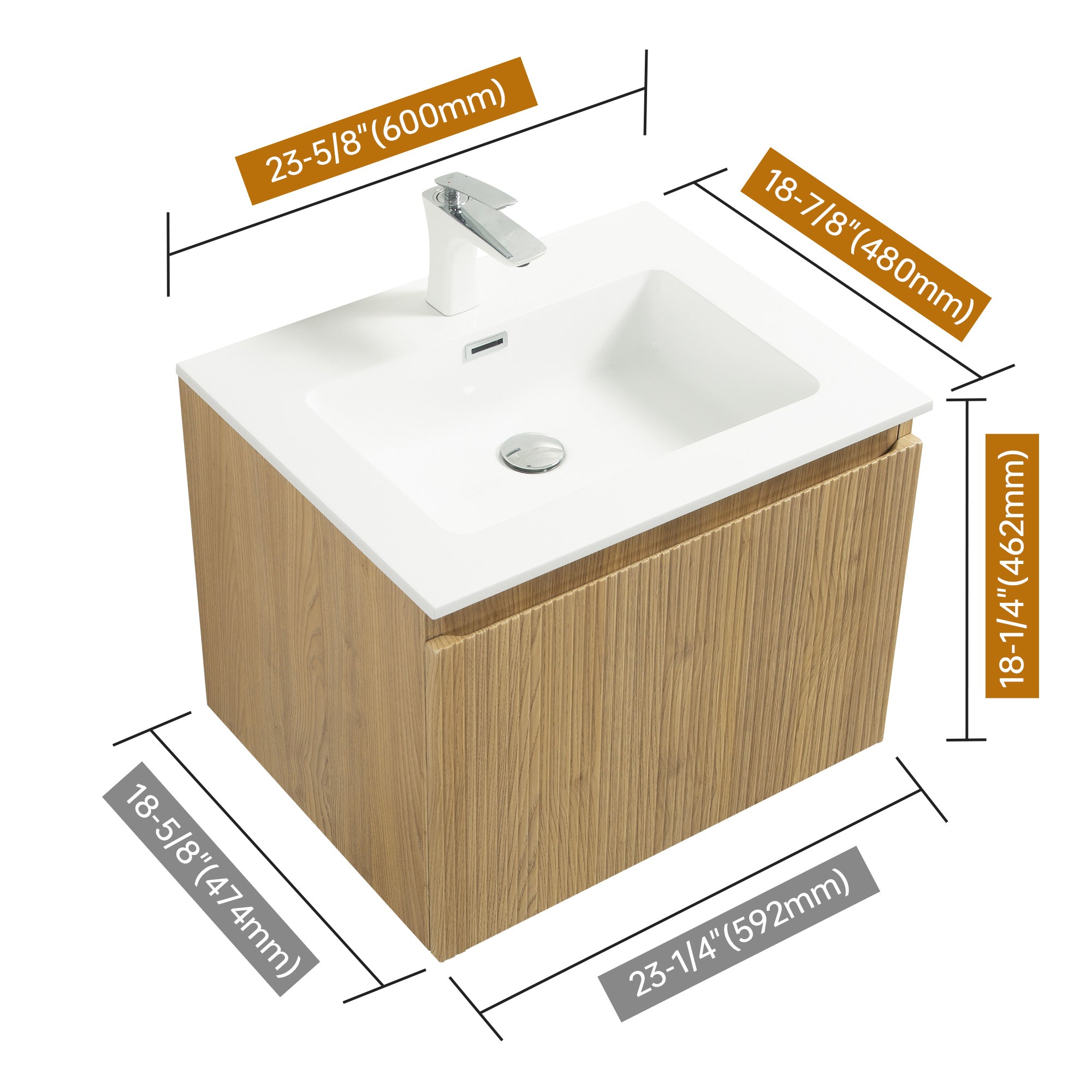WOODBRIDGE 23-5/8" Wall Mounted Floating Bathroom Vanity in Yellow Oak Wood Finish with White Resin Top and Single Sink
