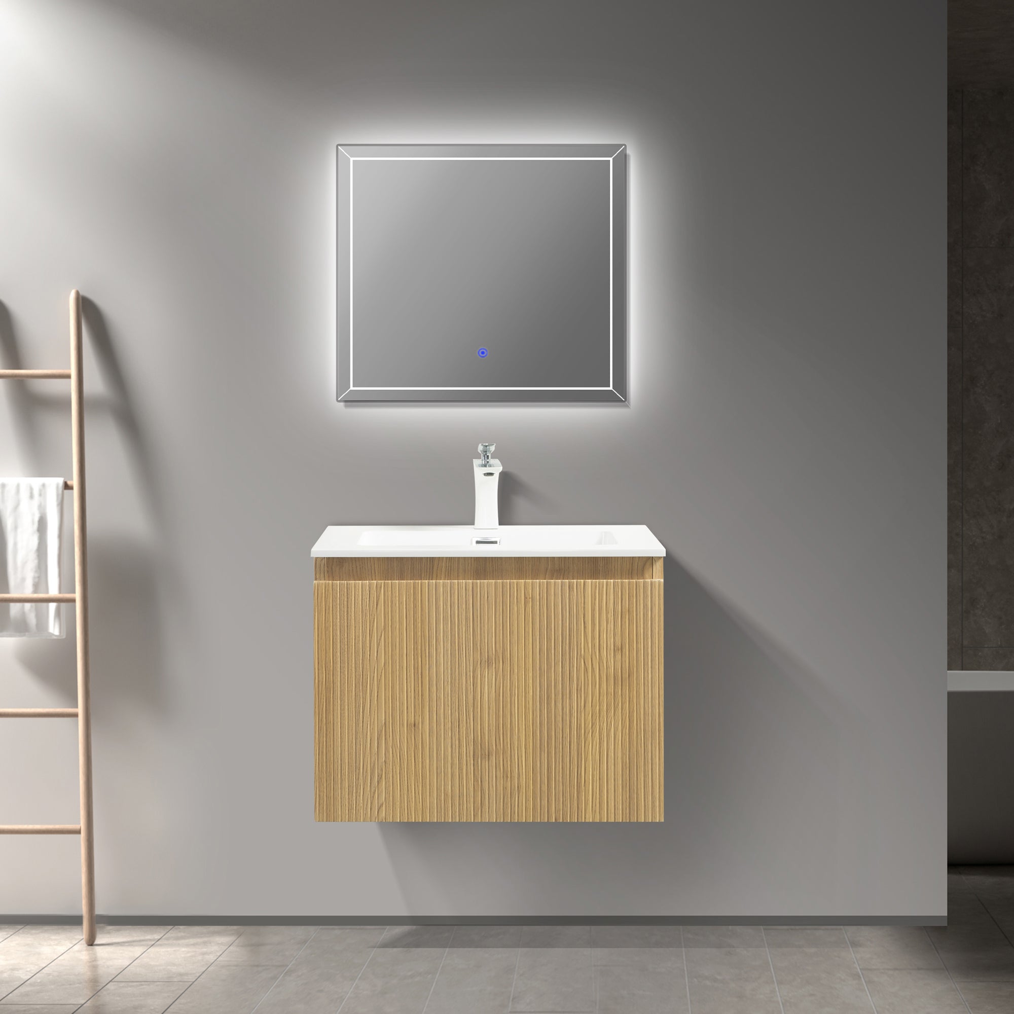 WOODBRIDGE 23-5/8" Wall Mounted Floating Bathroom Vanity in Yellow Oak Wood Finish with White Resin Top and Single Sink