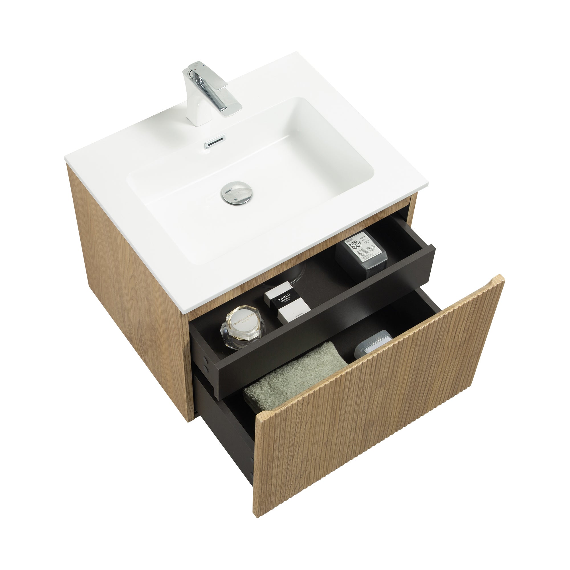 WOODBRIDGE 23-5/8" Wall Mounted Floating Bathroom Vanity in Yellow Oak Wood Finish with White Resin Top and Single Sink