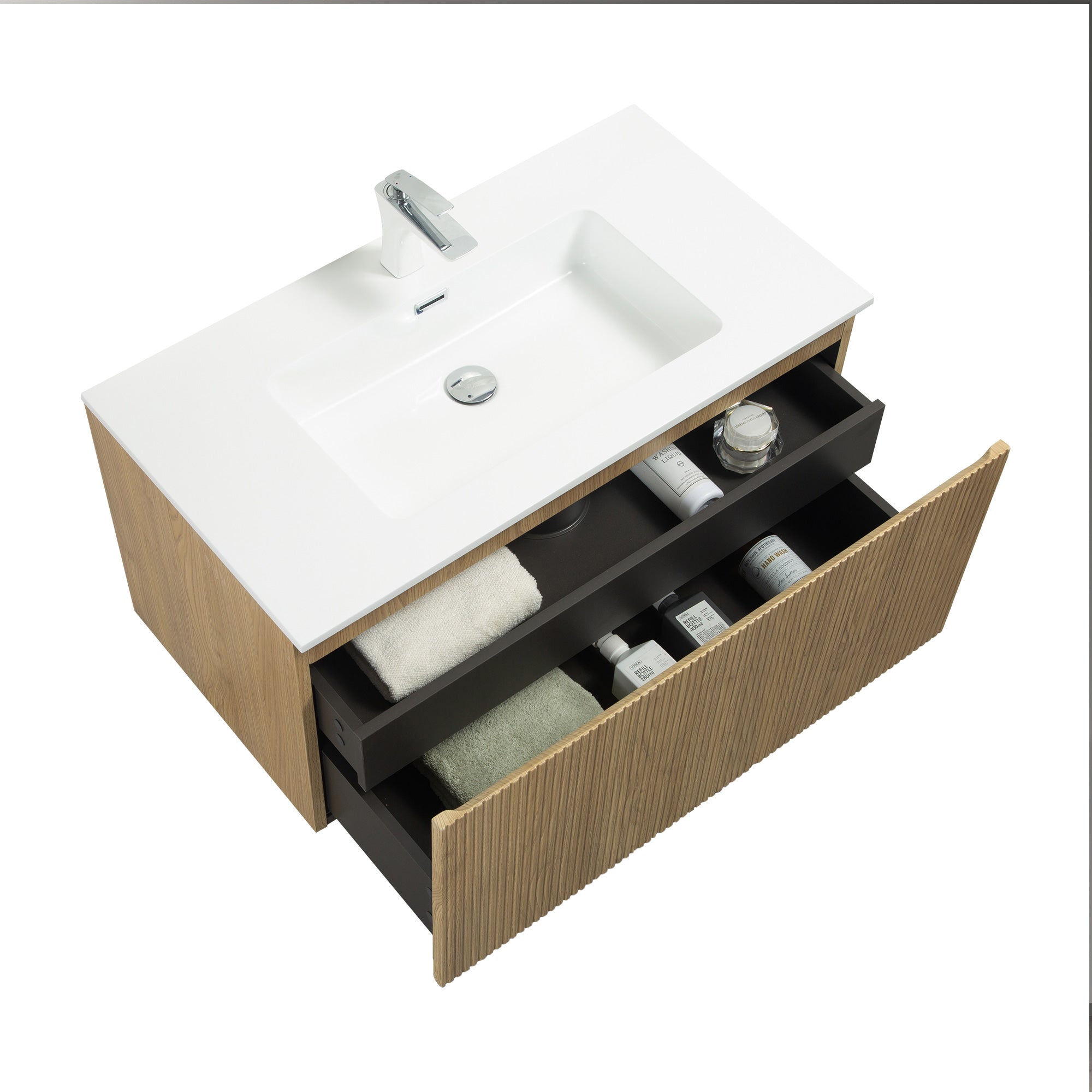 WOODBRIDGE 23-5/8" Wall Mounted Floating Bathroom Vanity in Yellow Oak Wood Finish with White Resin Top and Single Sink