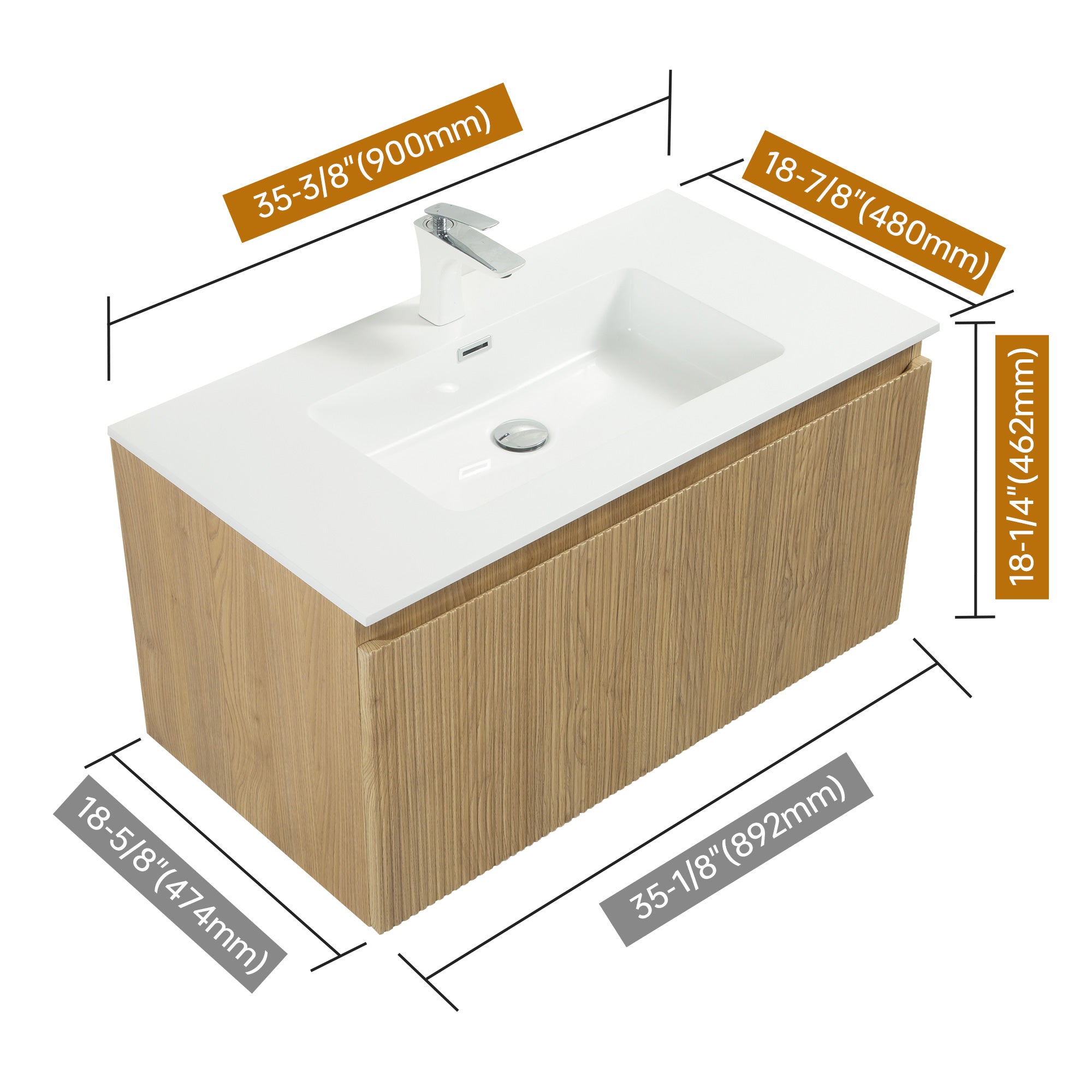 WOODBRIDGE 23-5/8" Wall Mounted Floating Bathroom Vanity in Yellow Oak Wood Finish with White Resin Top and Single Sink