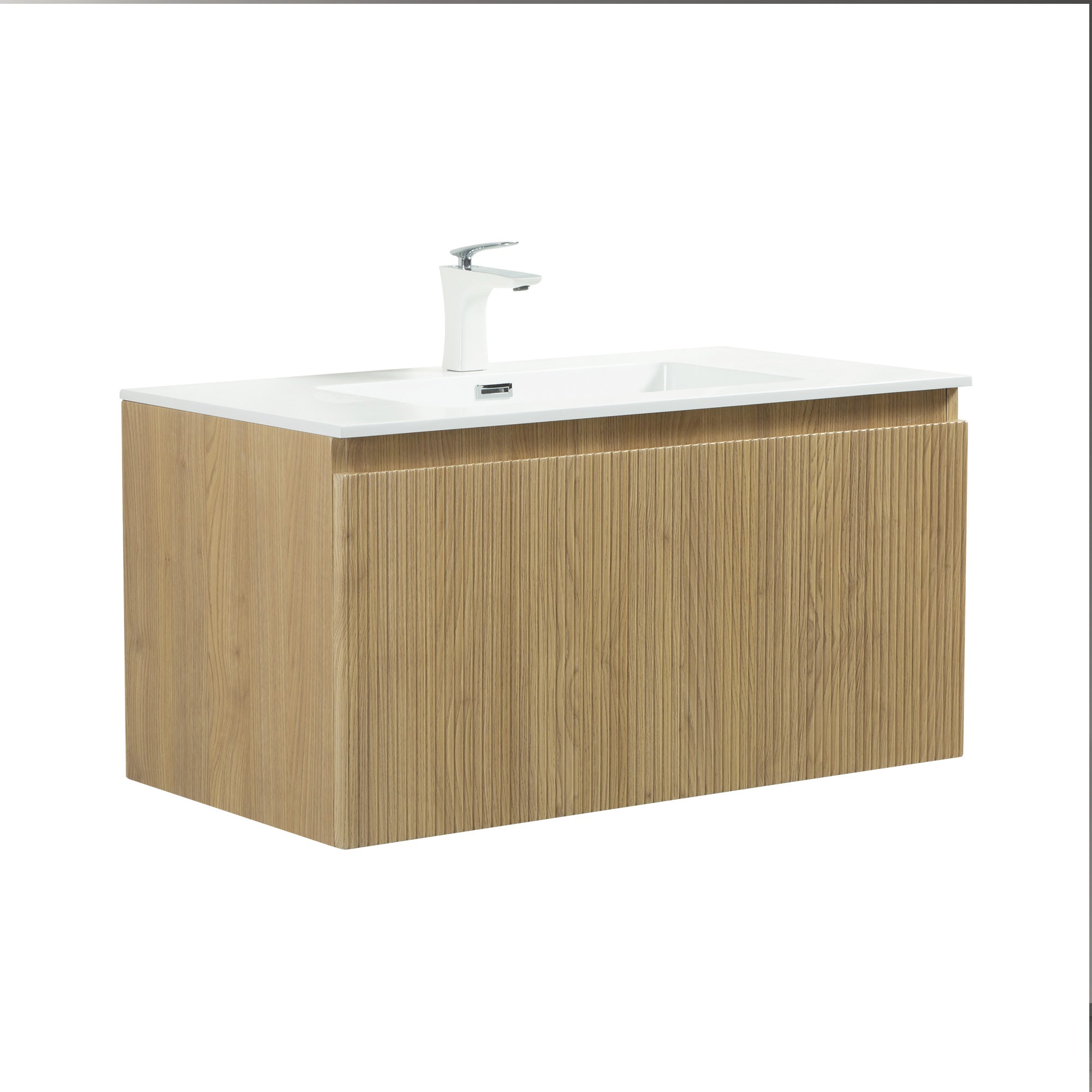 WOODBRIDGE 23-5/8" Wall Mounted Floating Bathroom Vanity in Yellow Oak Wood Finish with White Resin Top and Single Sink