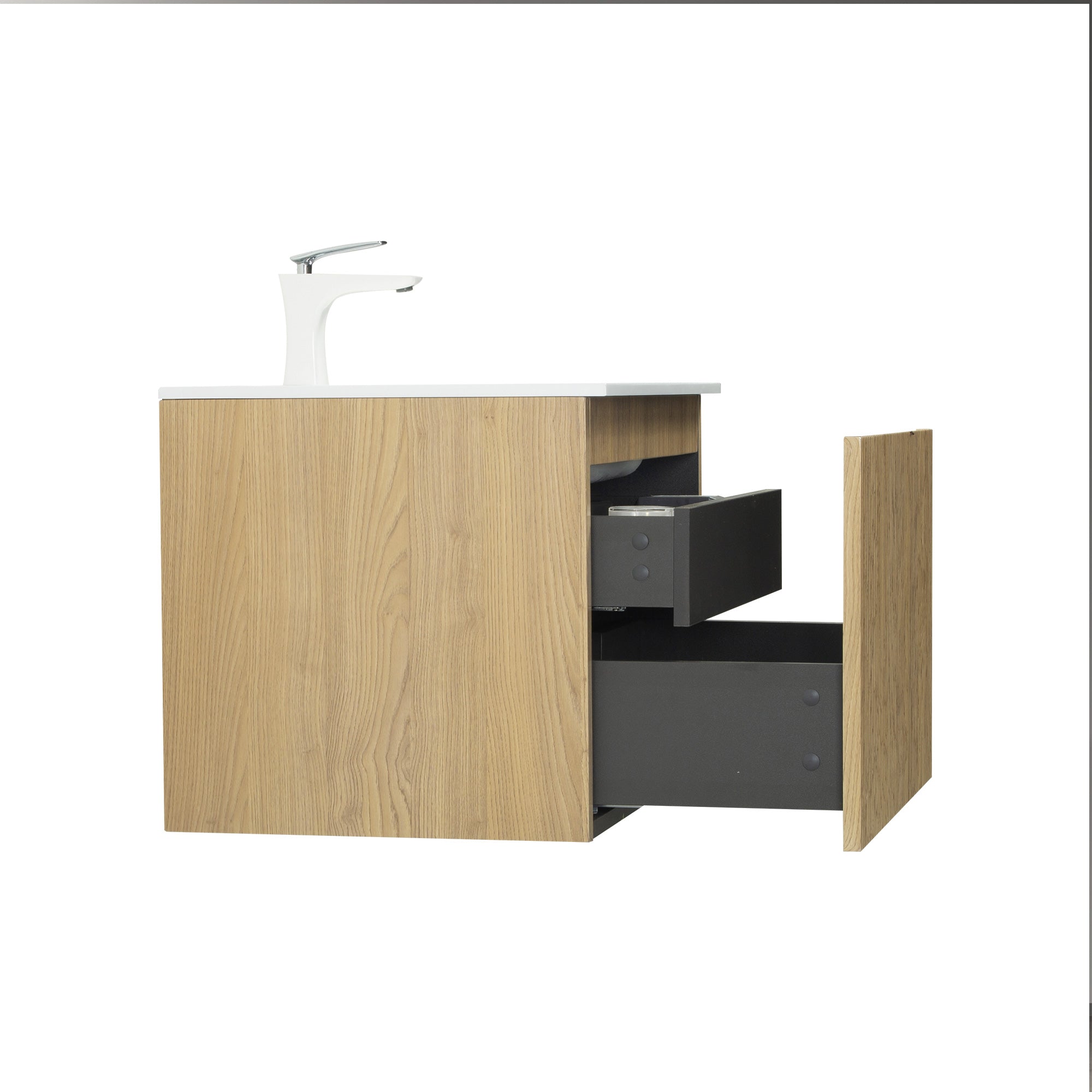 WOODBRIDGE 23-5/8" Wall Mounted Floating Bathroom Vanity in Yellow Oak Wood Finish with White Resin Top and Single Sink