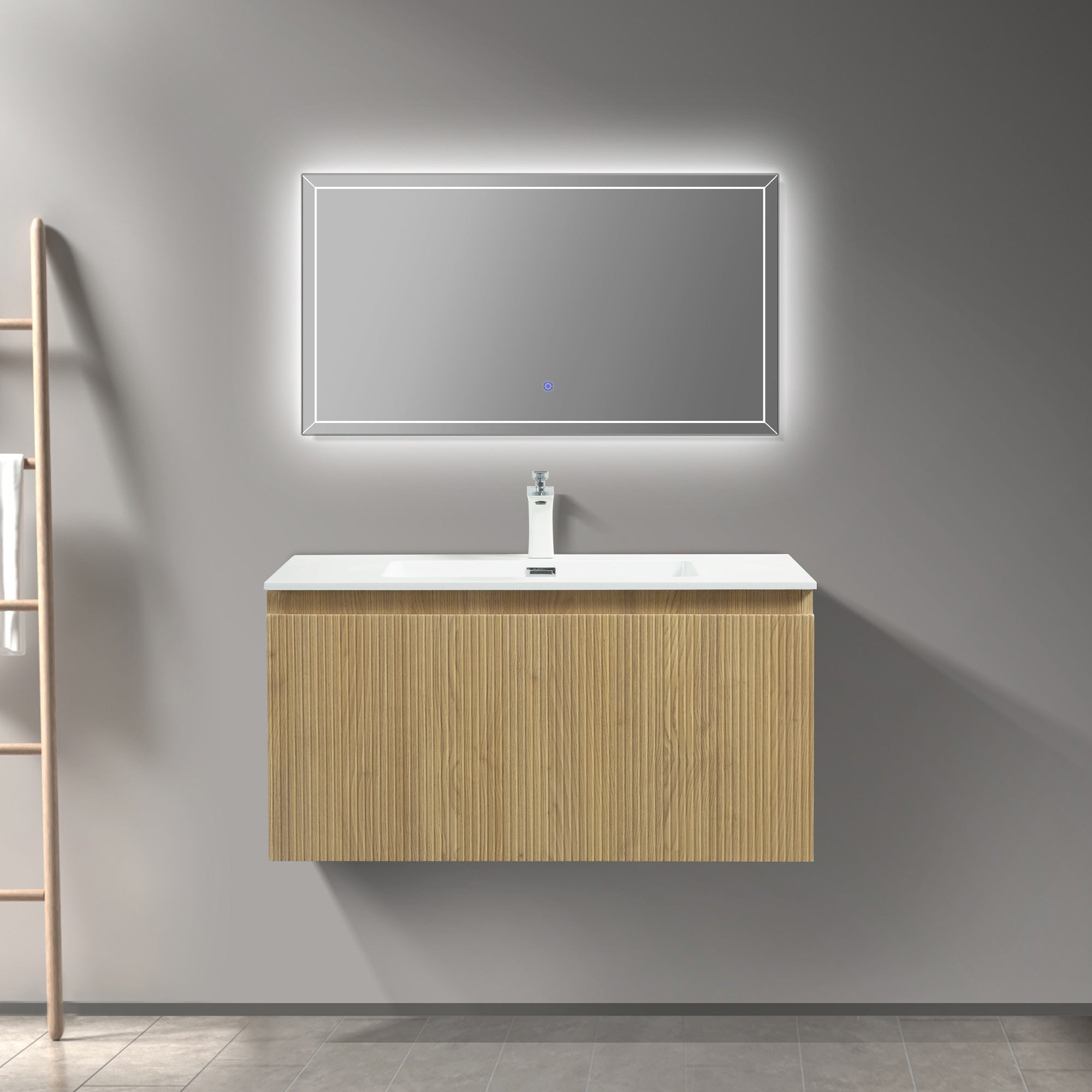 WOODBRIDGE 23-5/8" Wall Mounted Floating Bathroom Vanity in Yellow Oak Wood Finish with White Resin Top and Single Sink
