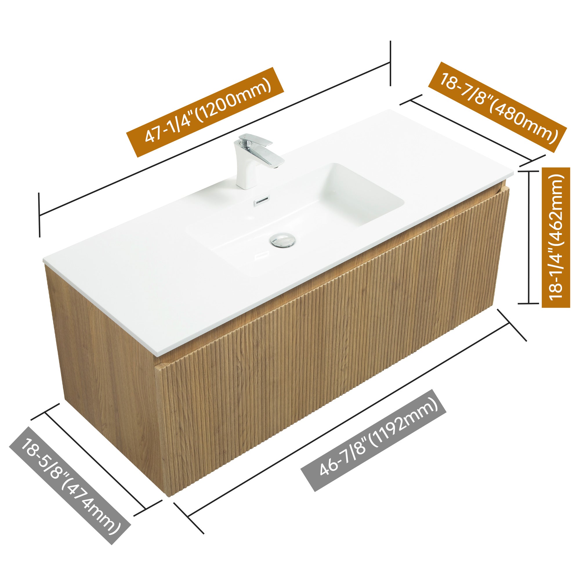 WOODBRIDGE 23-5/8" Wall Mounted Floating Bathroom Vanity in Yellow Oak Wood Finish with White Resin Top and Single Sink