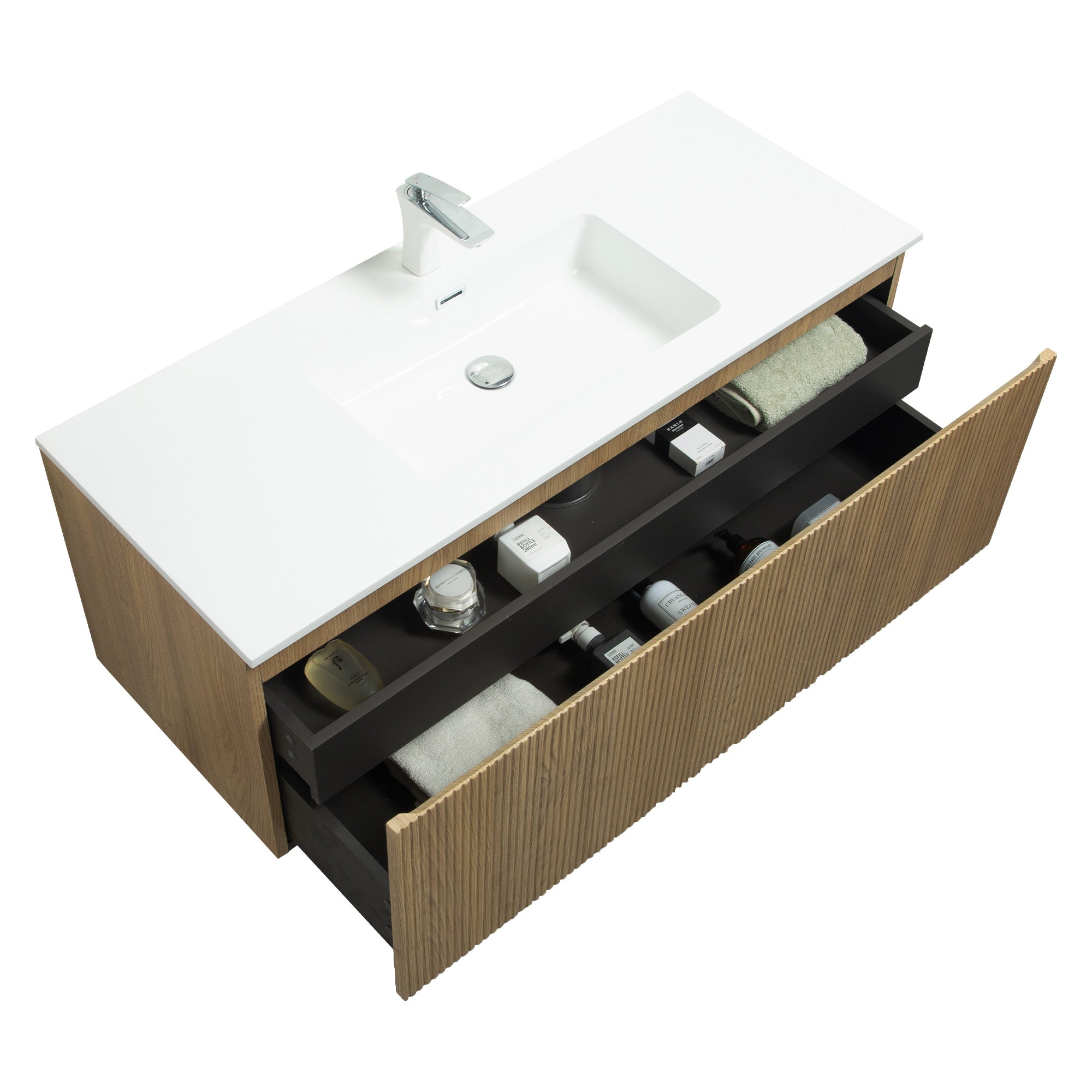 WOODBRIDGE 23-5/8" Wall Mounted Floating Bathroom Vanity in Yellow Oak Wood Finish with White Resin Top and Single Sink