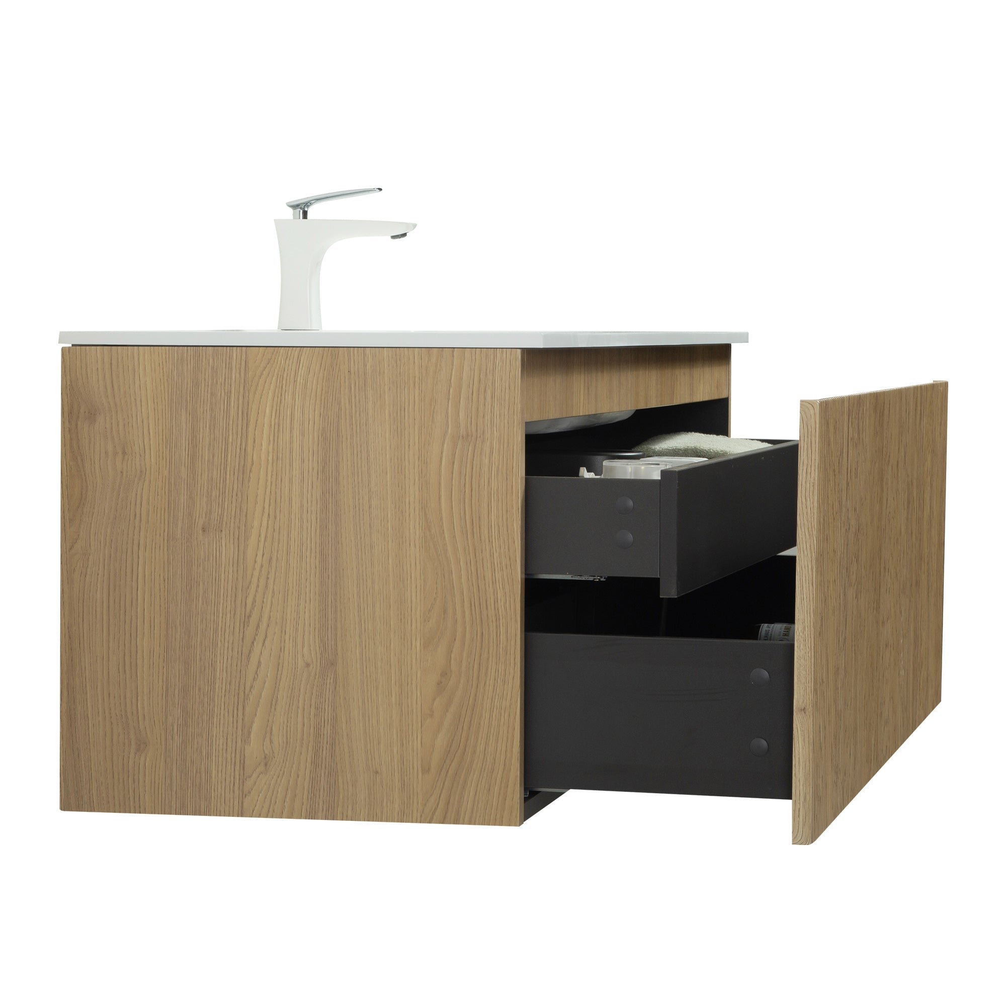 WOODBRIDGE 23-5/8" Wall Mounted Floating Bathroom Vanity in Yellow Oak Wood Finish with White Resin Top and Single Sink