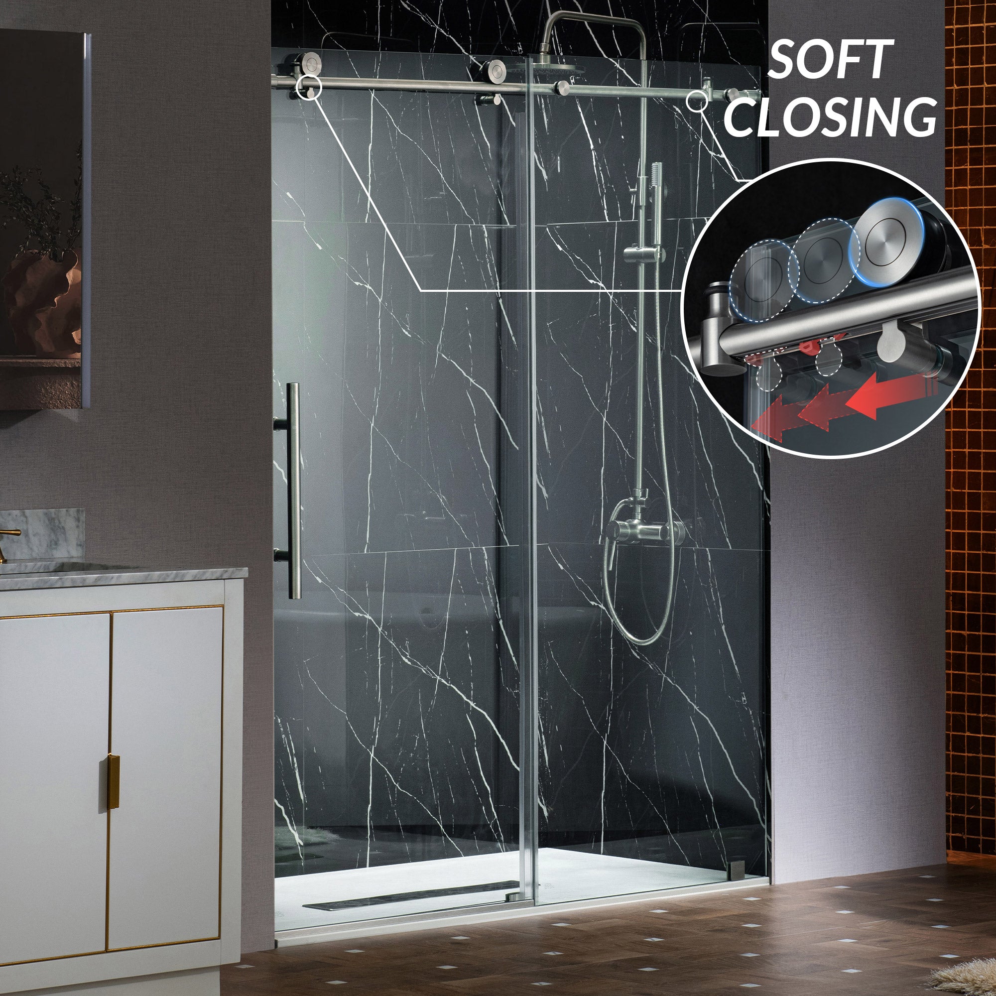 WOODBRIDGE Frameless Single Sliding Shower Doors, 45.5-48" Width x 76"Height with 3/8"(10mm) Clear Tempered Glass, Soft Close System and Explosion-Proof Film