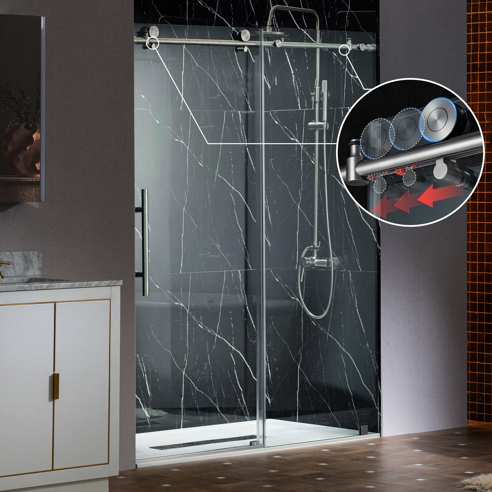 WOODBRIDGE Frameless Single Sliding Shower Doors, 45.5-48" Width x 76"Height with 3/8"(10mm) Clear Tempered Glass, Soft Close System and Explosion-Proof Film