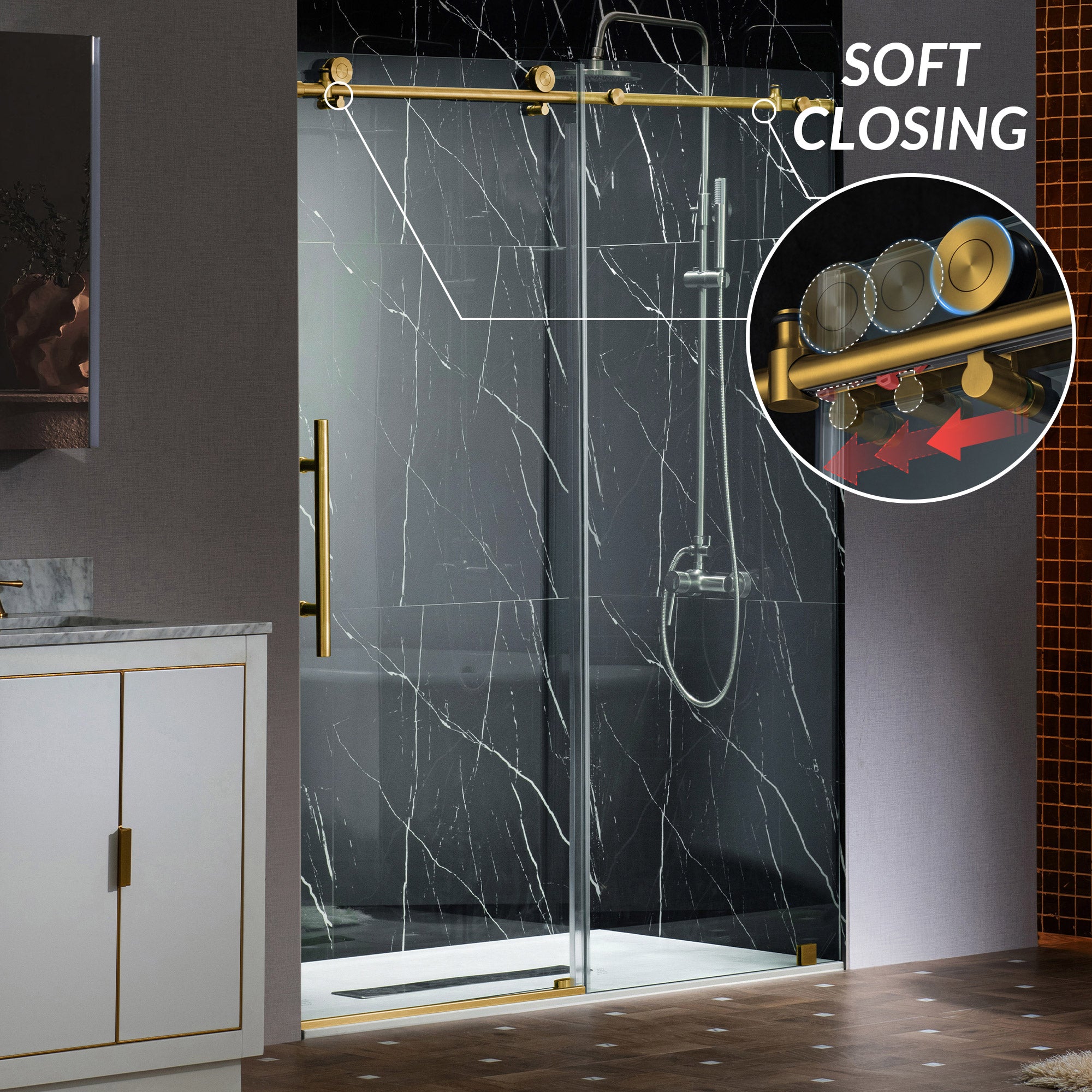 WOODBRIDGE Frameless Single Sliding Shower Doors, 45.5-48" Width x 76"Height with 3/8"(10mm) Clear Tempered Glass, Soft Close System and Explosion-Proof Film