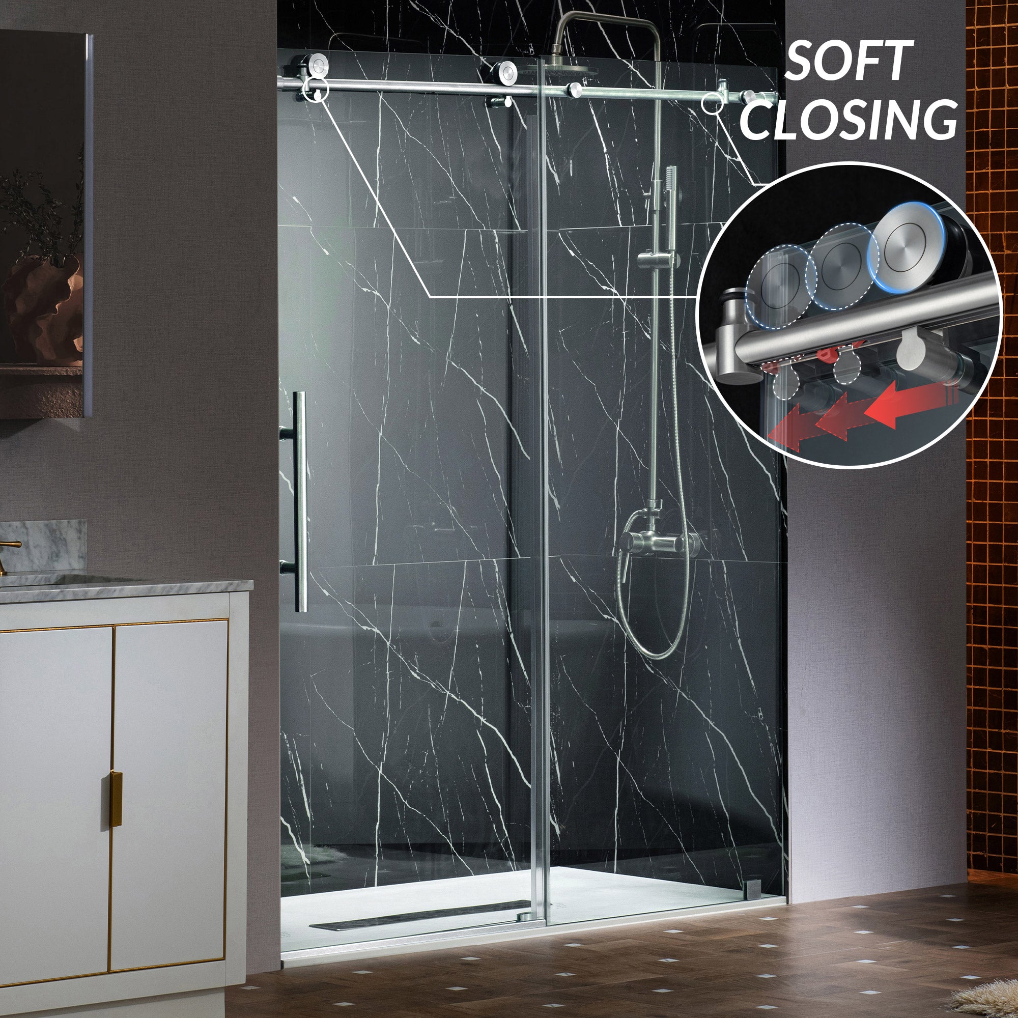 WOODBRIDGE Frameless Single Sliding Shower Doors, 45.5-48" Width x 76"Height with 3/8"(10mm) Clear Tempered Glass, Soft Close System and Explosion-Proof Film