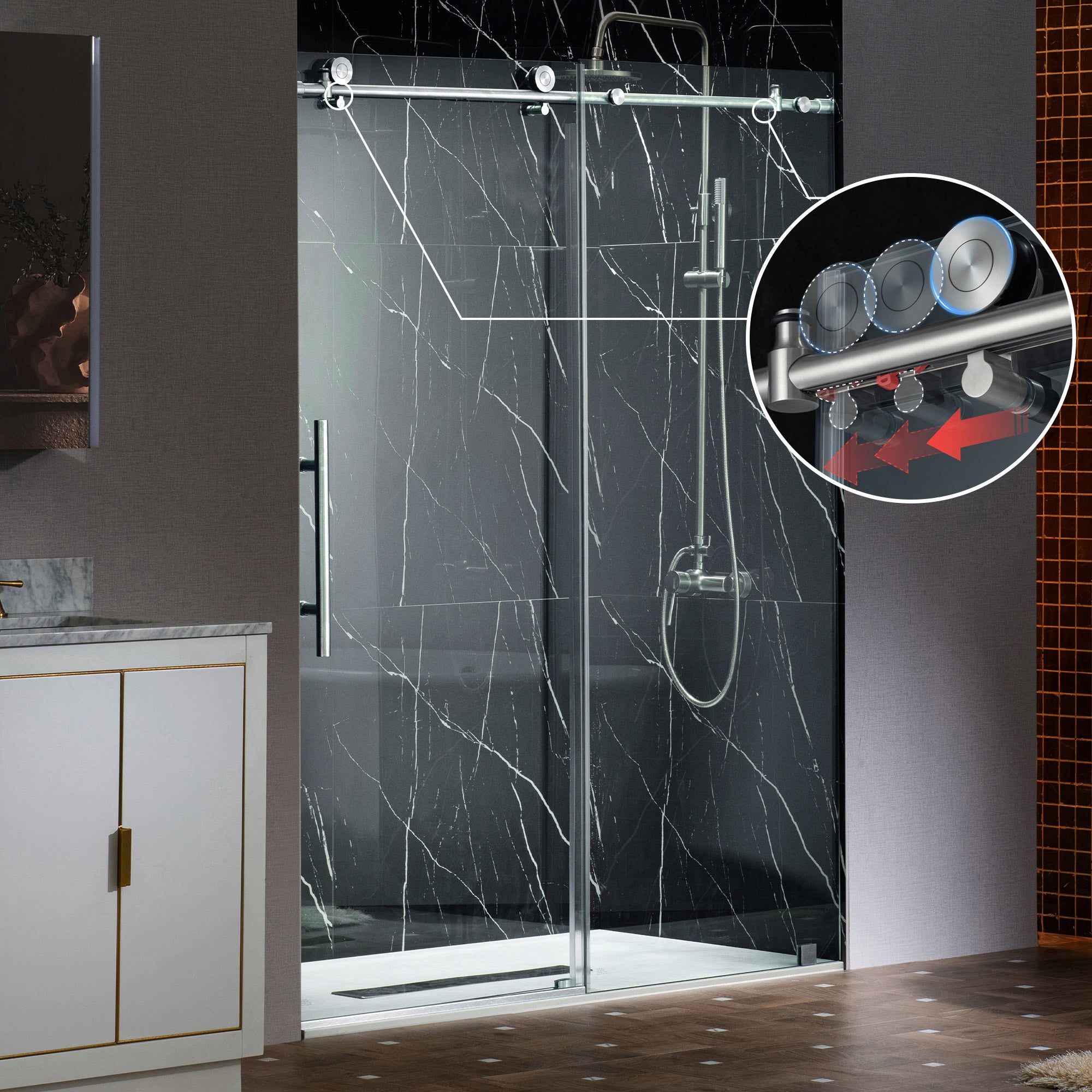 WOODBRIDGE Frameless Single Sliding Shower Doors, 45.5-48" Width x 76"Height with 3/8"(10mm) Clear Tempered Glass, Soft Close System and Explosion-Proof Film