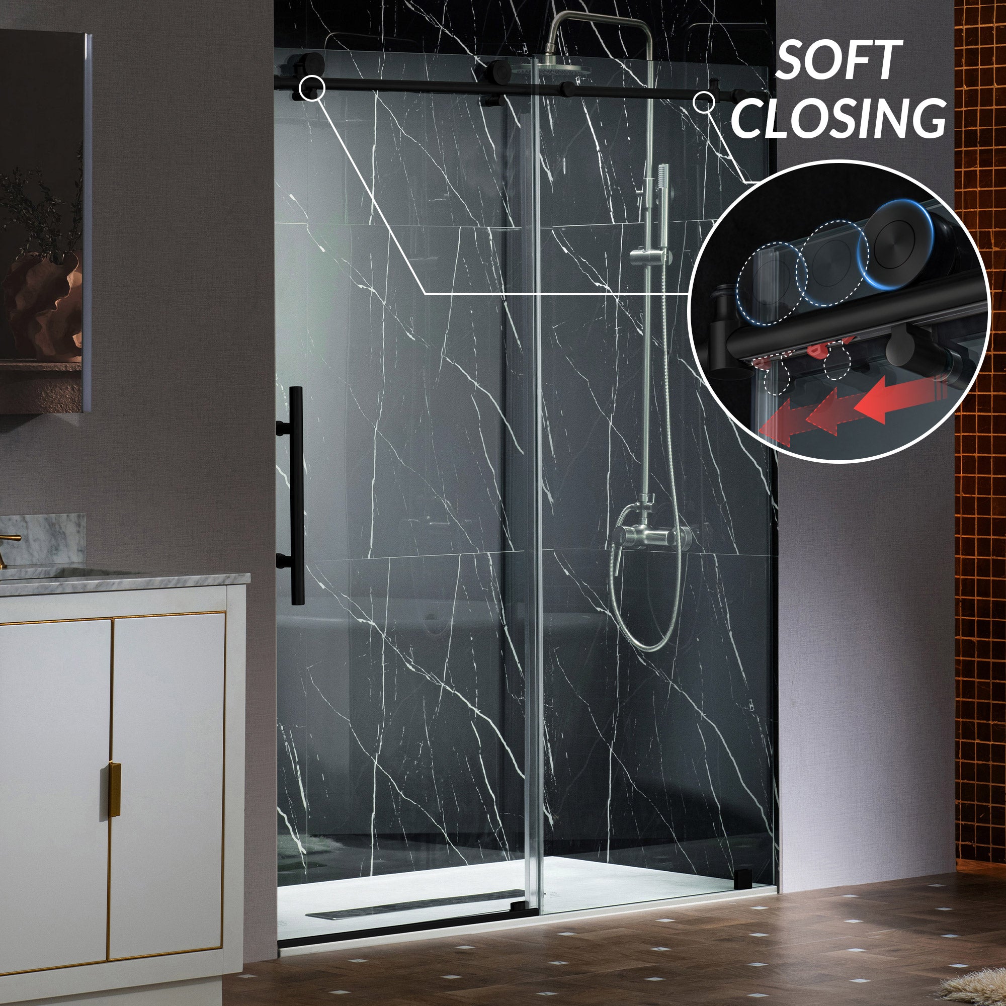 WOODBRIDGE Frameless Single Sliding Shower Doors, 45.5-48" Width x 76"Height with 3/8"(10mm) Clear Tempered Glass, Soft Close System and Explosion-Proof Film
