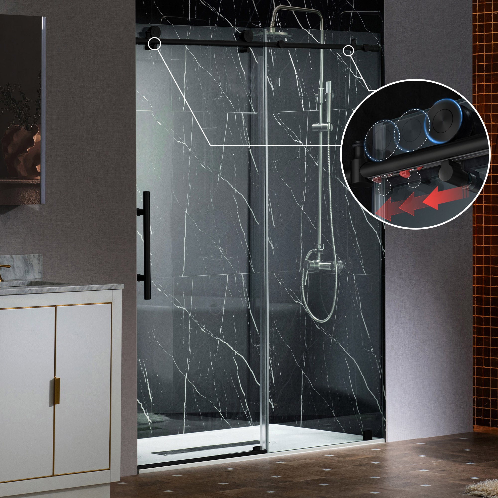 WOODBRIDGE Frameless Single Sliding Shower Doors, 45.5-48" Width x 76"Height with 3/8"(10mm) Clear Tempered Glass, Soft Close System and Explosion-Proof Film