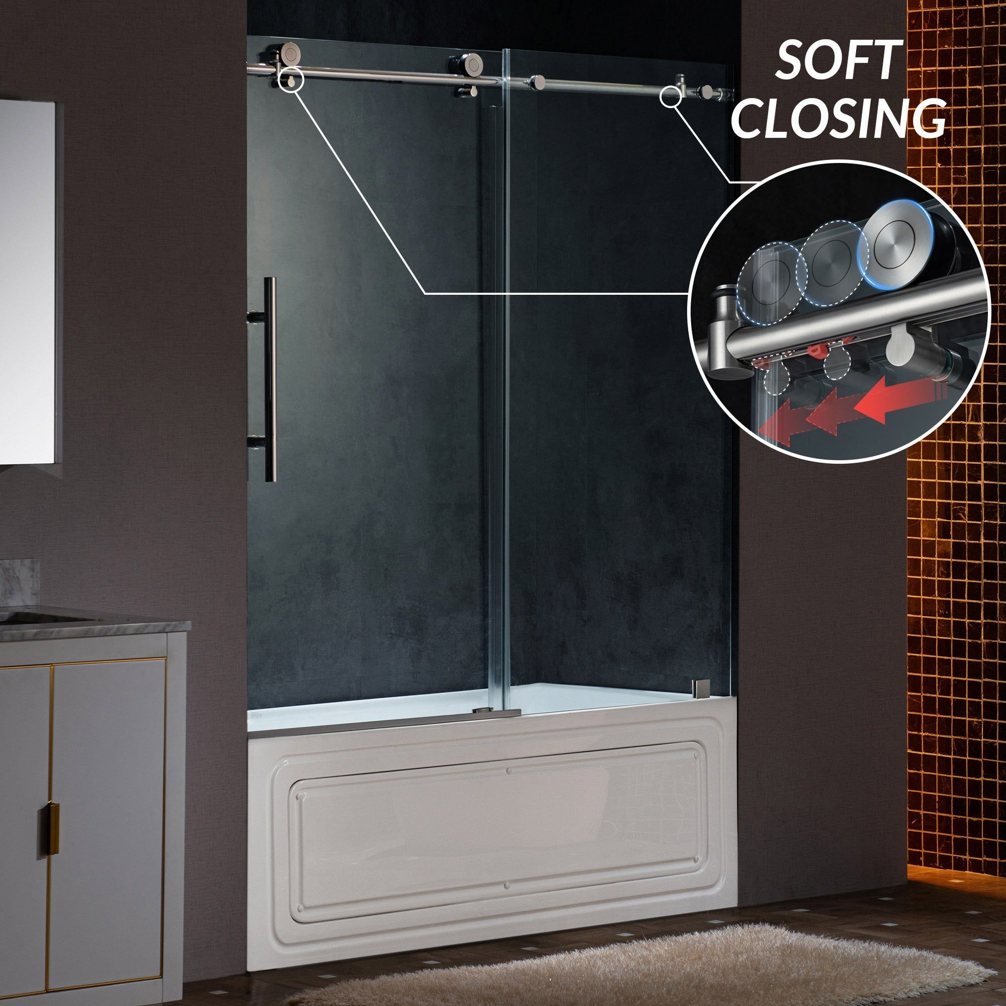 WOODBRIDGE Frameless Single Sliding Shower Doors 57.5-60" Width x 62"Height with 3/8"(10mm) Clear Tempered Glass, Soft Close System and Explosion-Proof Film, BSDC6062