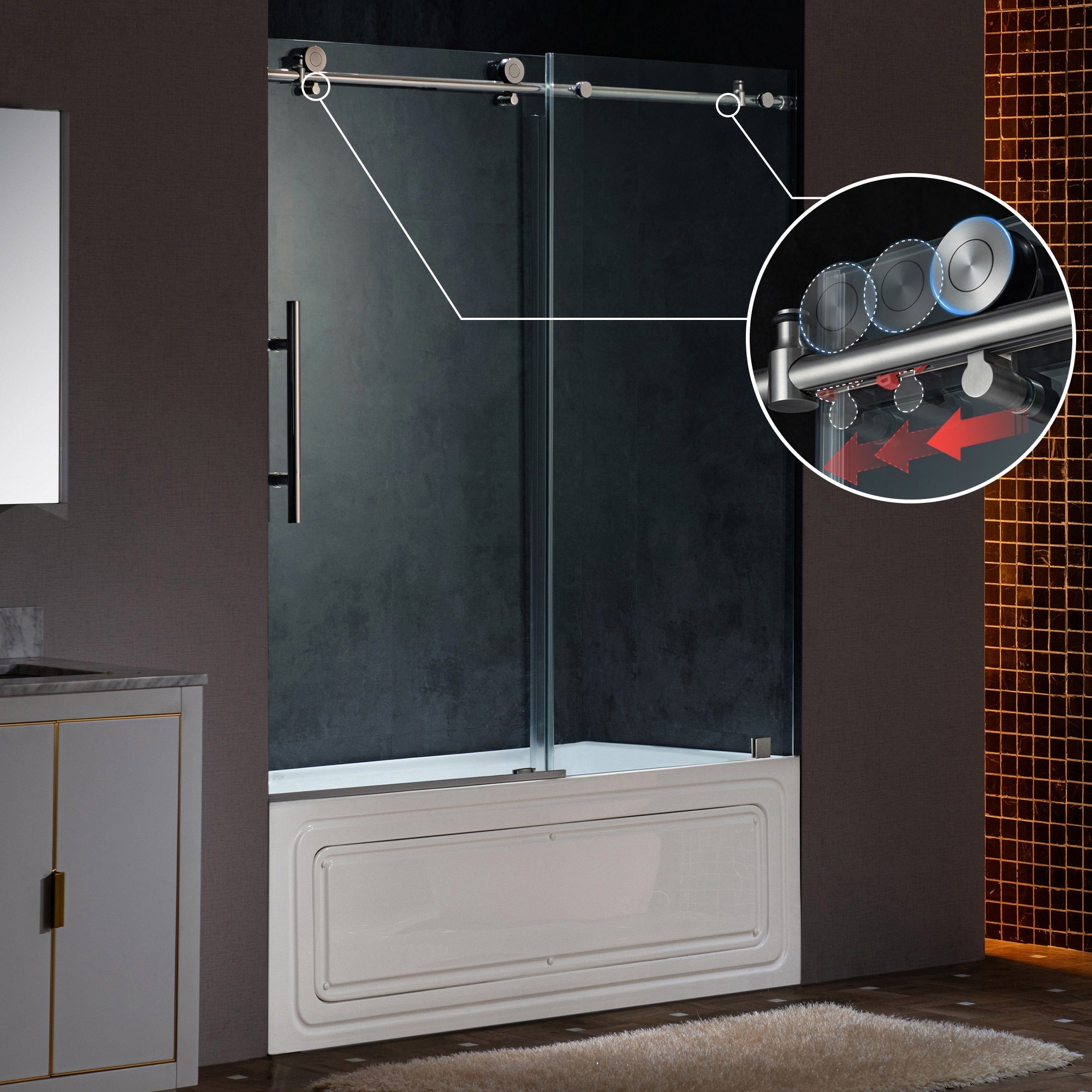 WOODBRIDGE Frameless Single Sliding Shower Doors 57.5-60" Width x 62"Height with 3/8"(10mm) Clear Tempered Glass, Soft Close System and Explosion-Proof Film, BSDC6062