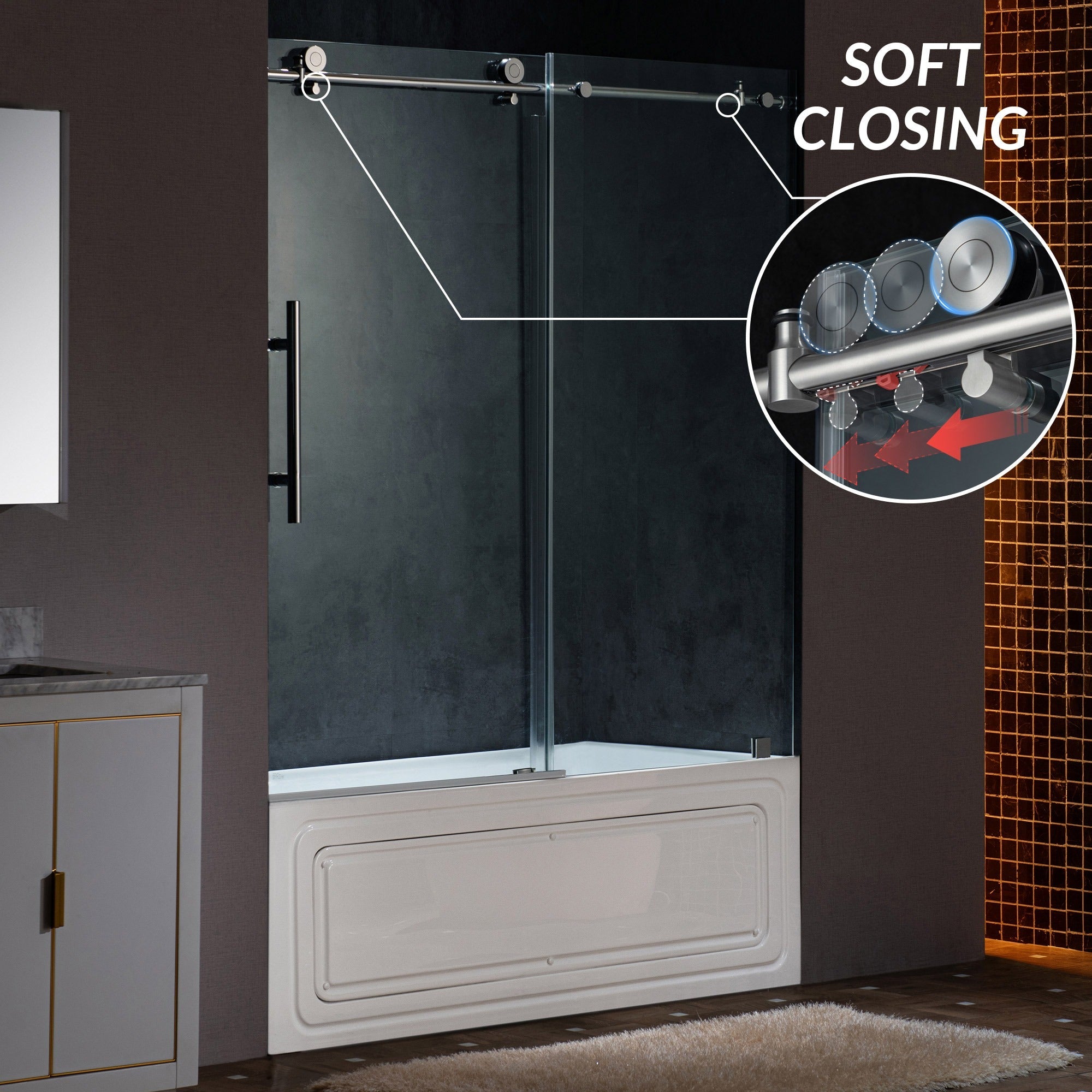 WOODBRIDGE Frameless Single Sliding Shower Doors 57.5-60" Width x 62"Height with 3/8"(10mm) Clear Tempered Glass, Soft Close System and Explosion-Proof Film, BSDC6062