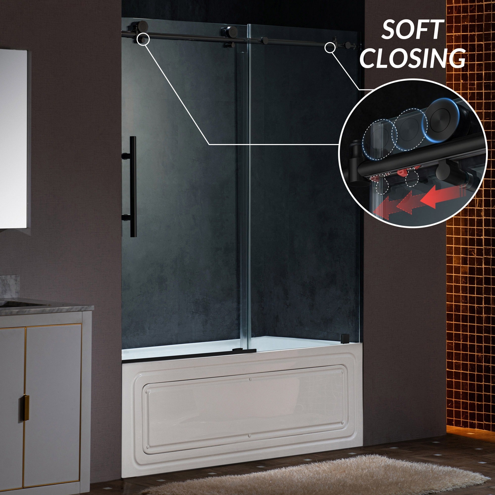 WOODBRIDGE Frameless Single Sliding Shower Doors 57.5-60" Width x 62"Height with 3/8"(10mm) Clear Tempered Glass, Soft Close System and Explosion-Proof Film, BSDC6062
