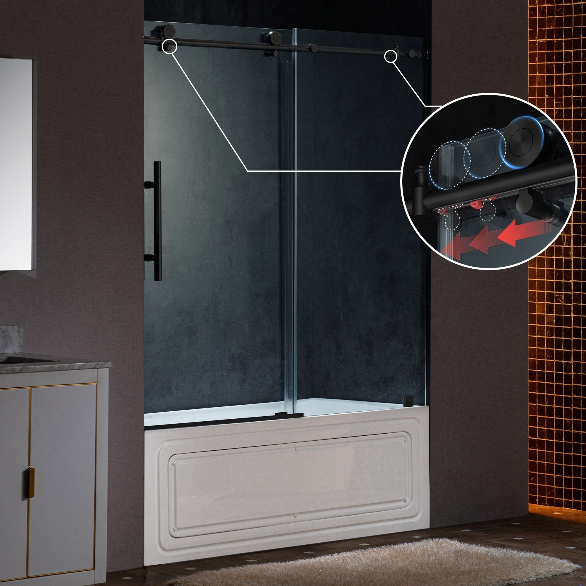 WOODBRIDGE Frameless Single Sliding Shower Doors 57.5-60" Width x 62"Height with 3/8"(10mm) Clear Tempered Glass, Soft Close System and Explosion-Proof Film, BSDC6062