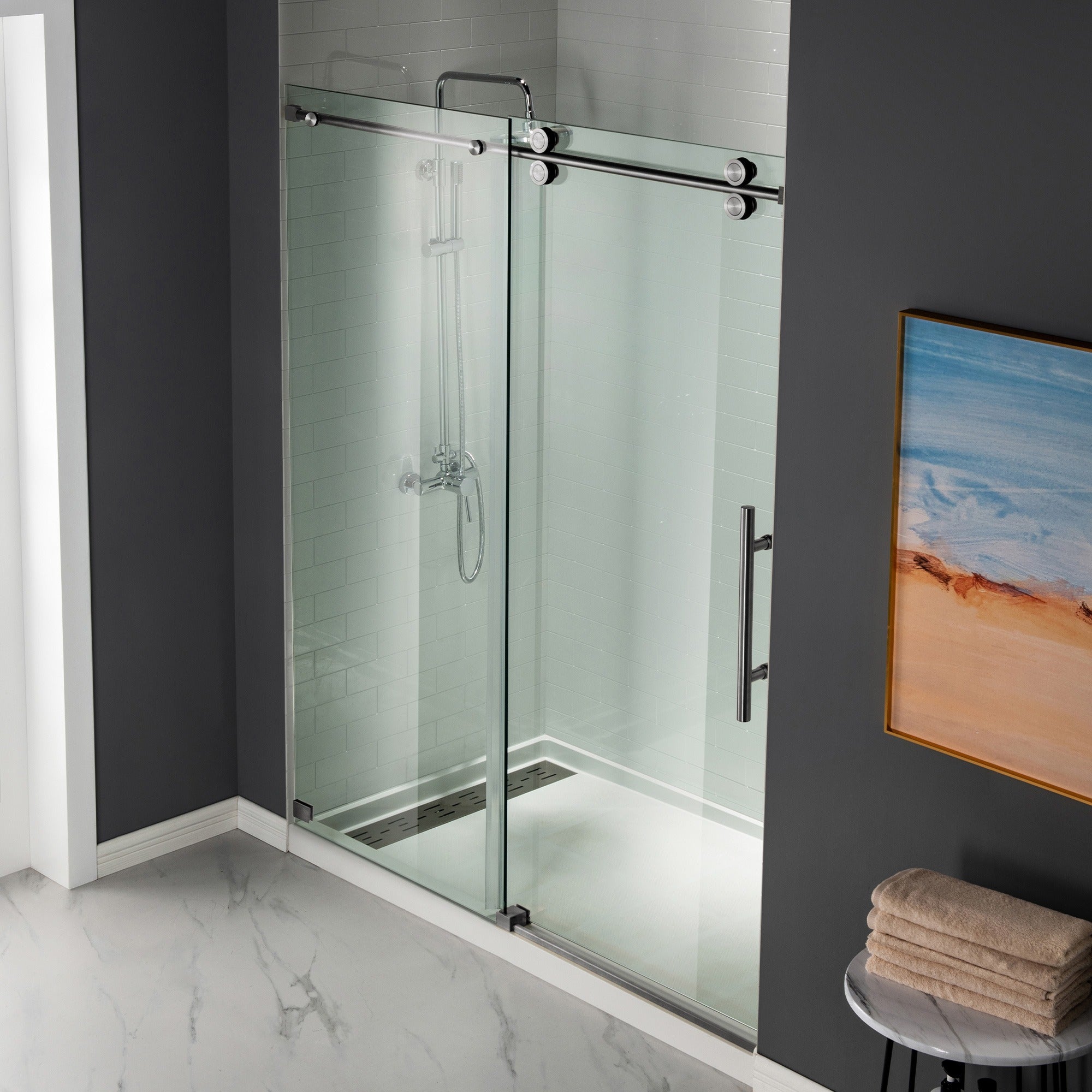 WOODBRIDGE Frameless Shower Doors 56-60" Width x 76"Height with 5/16"(8mm) Clear Tempered Glass Single Sliding with Side Seal Strips, DDM-6076
