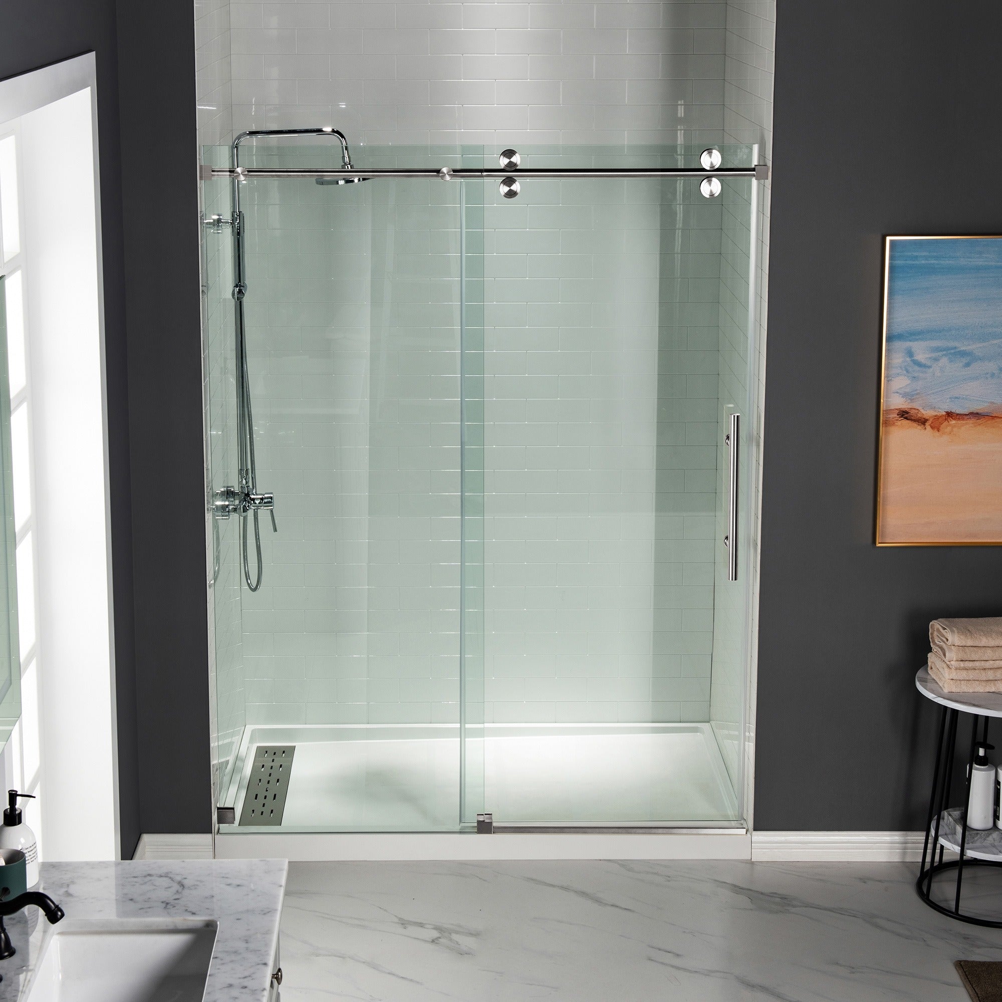 WOODBRIDGE Frameless Shower Doors 56-60" Width x 76"Height with 5/16"(8mm) Clear Tempered Glass Single Sliding with Side Seal Strips, DDM-6076