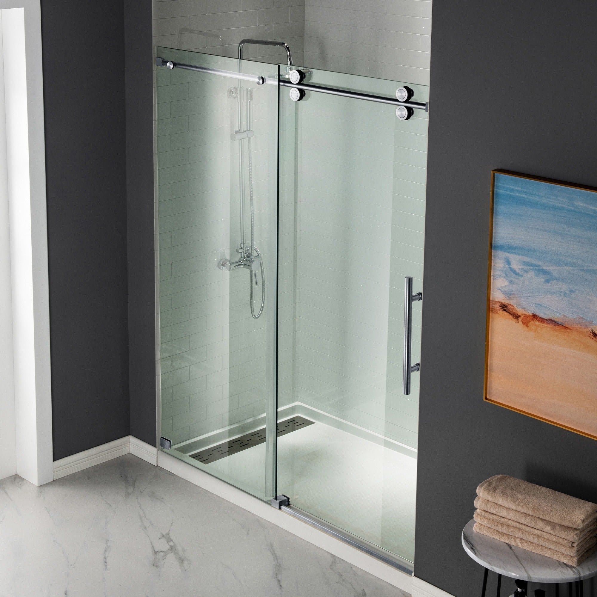 WOODBRIDGE Frameless Shower Doors 56-60" Width x 76"Height with 5/16"(8mm) Clear Tempered Glass Single Sliding with Side Seal Strips, DDM-6076