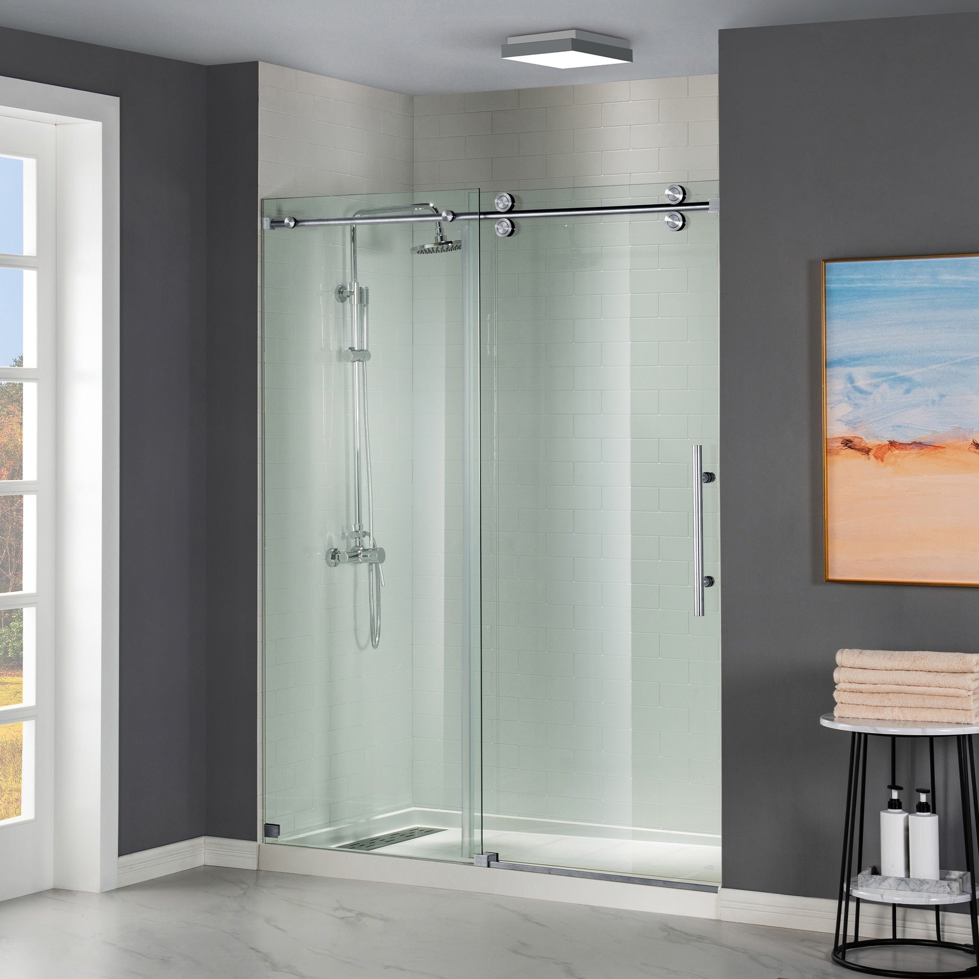 WOODBRIDGE Frameless Shower Doors 56-60" Width x 76"Height with 5/16"(8mm) Clear Tempered Glass Single Sliding with Side Seal Strips, DDM-6076