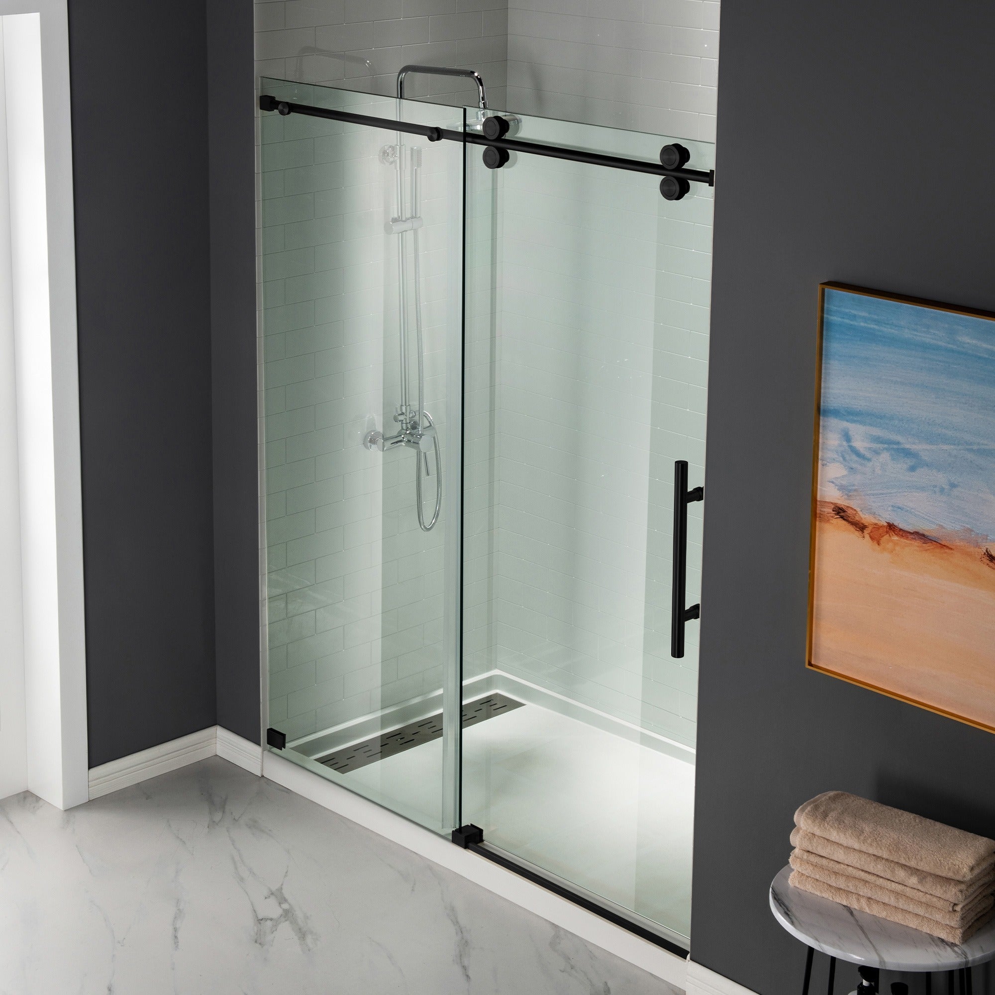 WOODBRIDGE Frameless Shower Doors 56-60" Width x 76"Height with 5/16"(8mm) Clear Tempered Glass Single Sliding with Side Seal Strips, DDM-6076