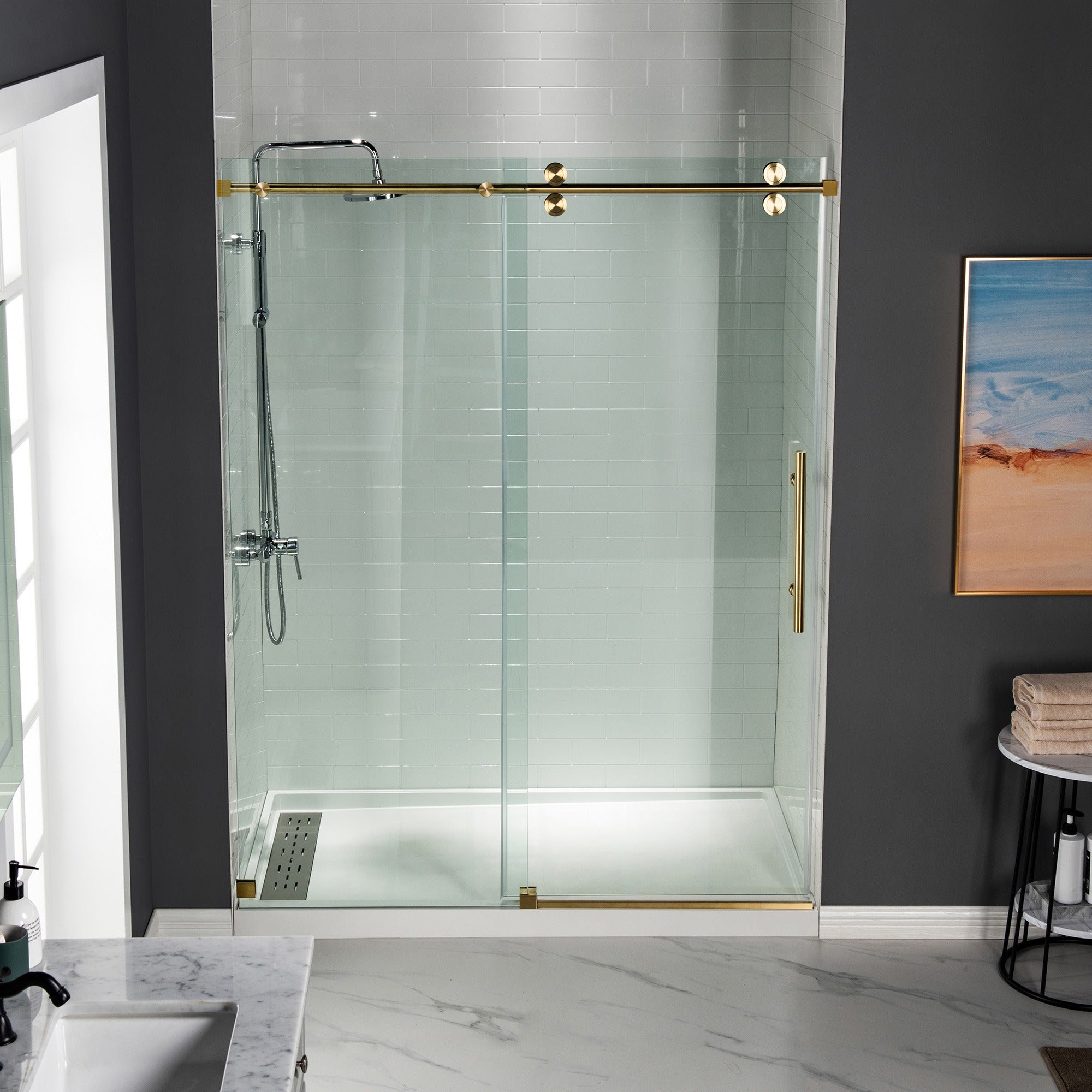 WOODBRIDGE Frameless Shower Doors 56-60" Width x 76"Height with 5/16"(8mm) Clear Tempered Glass Single Sliding with Side Seal Strips, DDM-6076