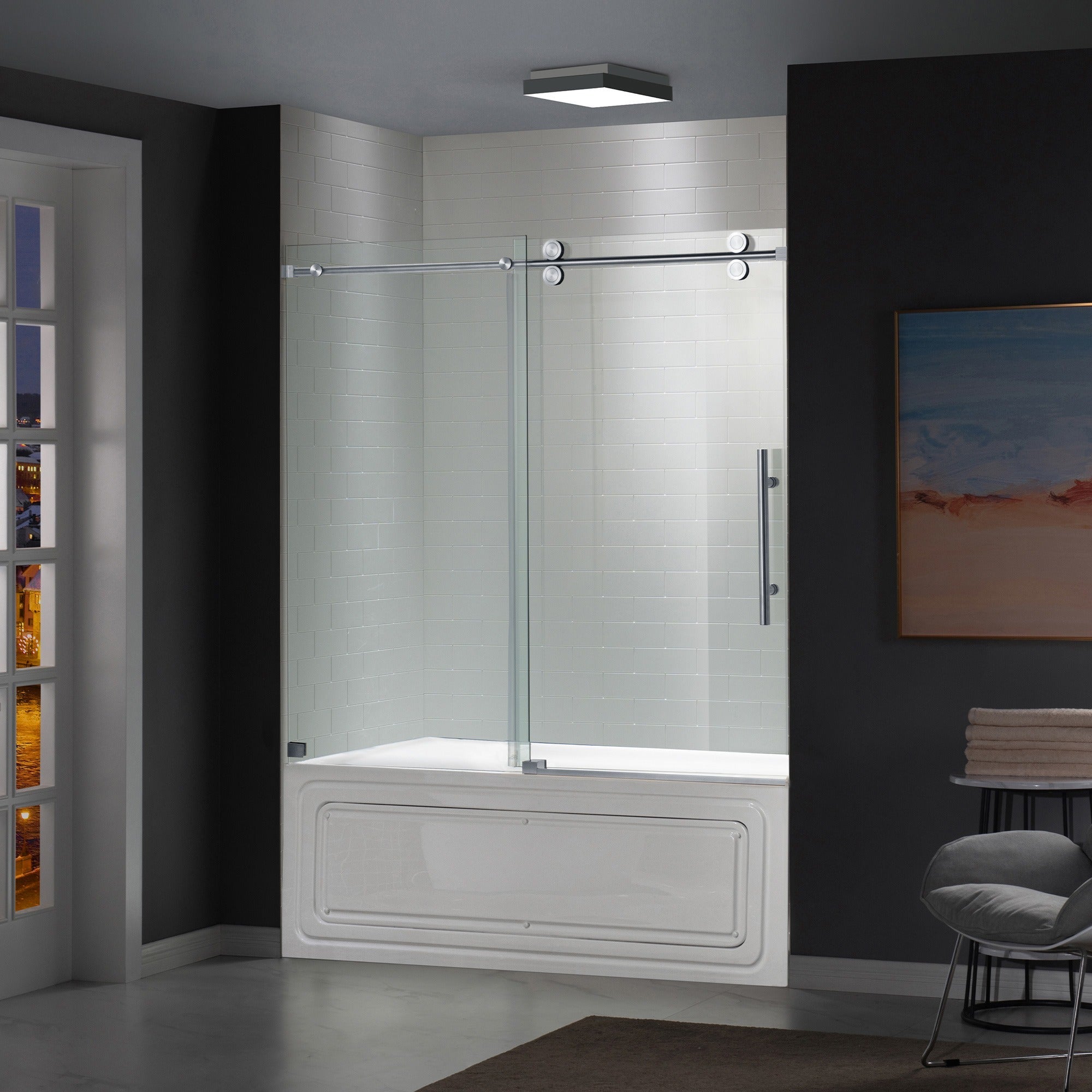 WOODBRIDGE Frameless Bathtub Shower Doors 56-60" Width x 66" Height with 5/16"(8mm) Clear Tempered Glass Single Sliding with Side Seal Strips, DDM-6066