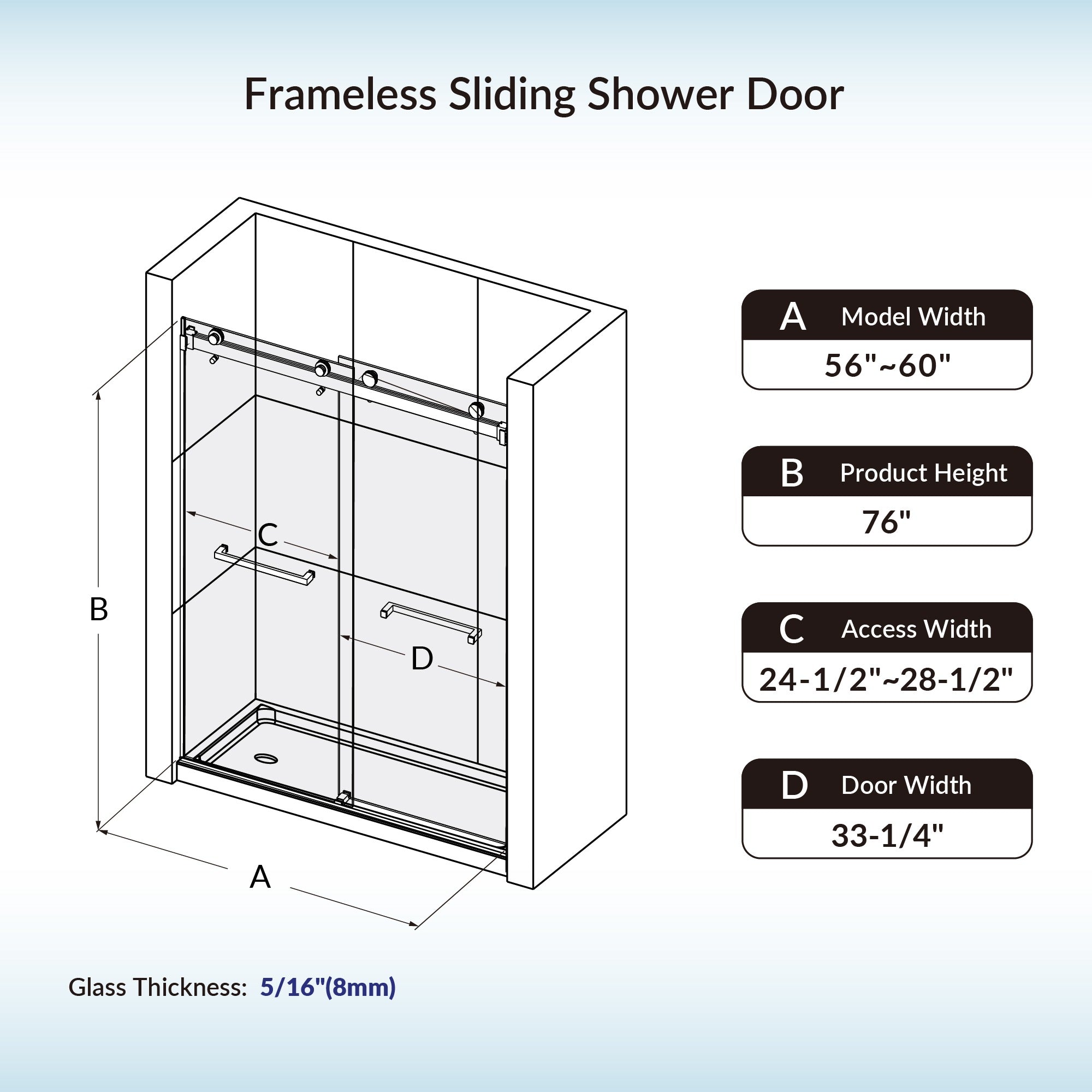 WOODBRIDGE Frameless Shower Doors 56-60" Width x 76" Height with 5/16"(8mm) Clear Tempered Glass Double Sliding with Side Seal Strips,DDS-6076