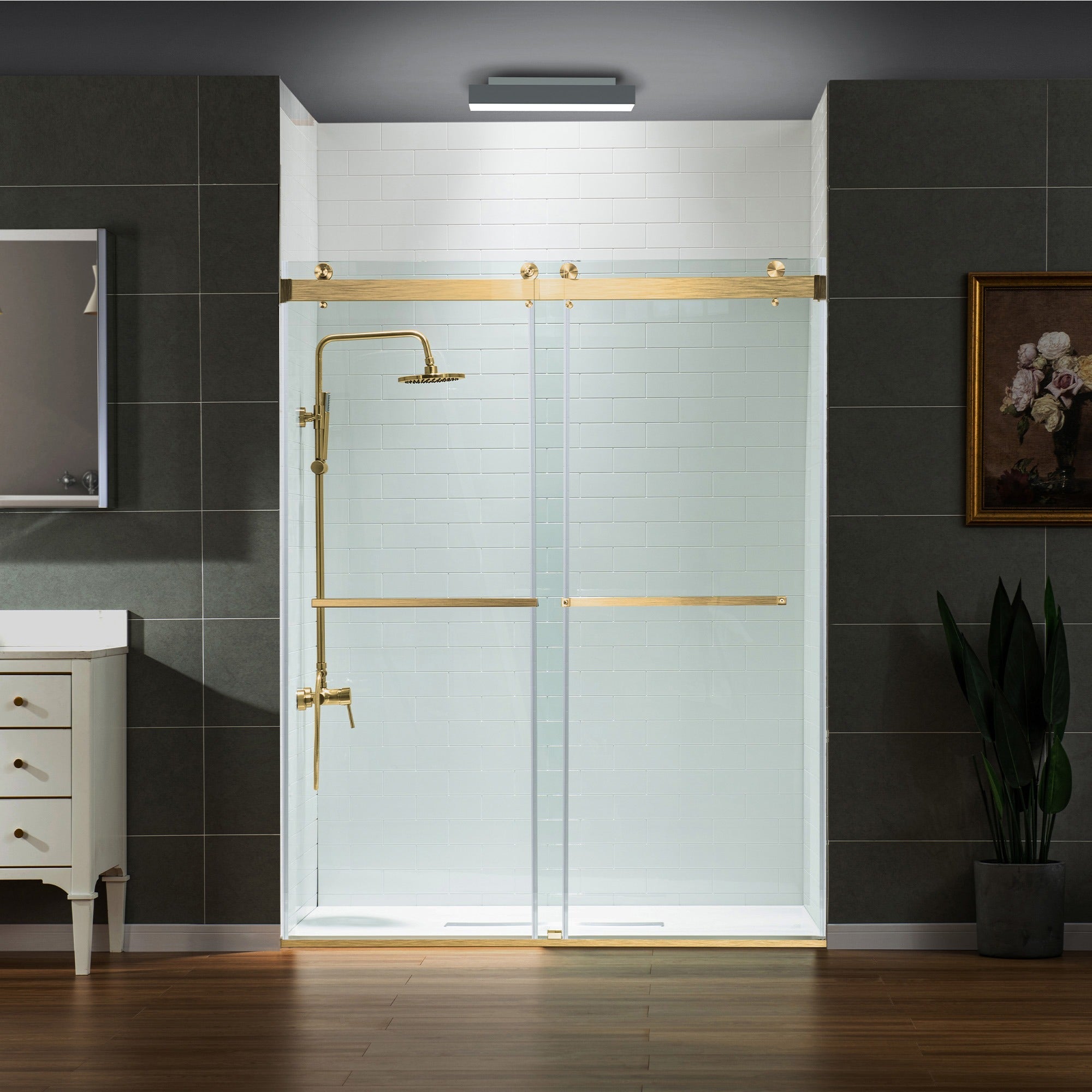 WOODBRIDGE Frameless Shower Doors 56-60" Width x 76" Height with 5/16"(8mm) Clear Tempered Glass Double Sliding with Side Seal Strips,DDS-6076