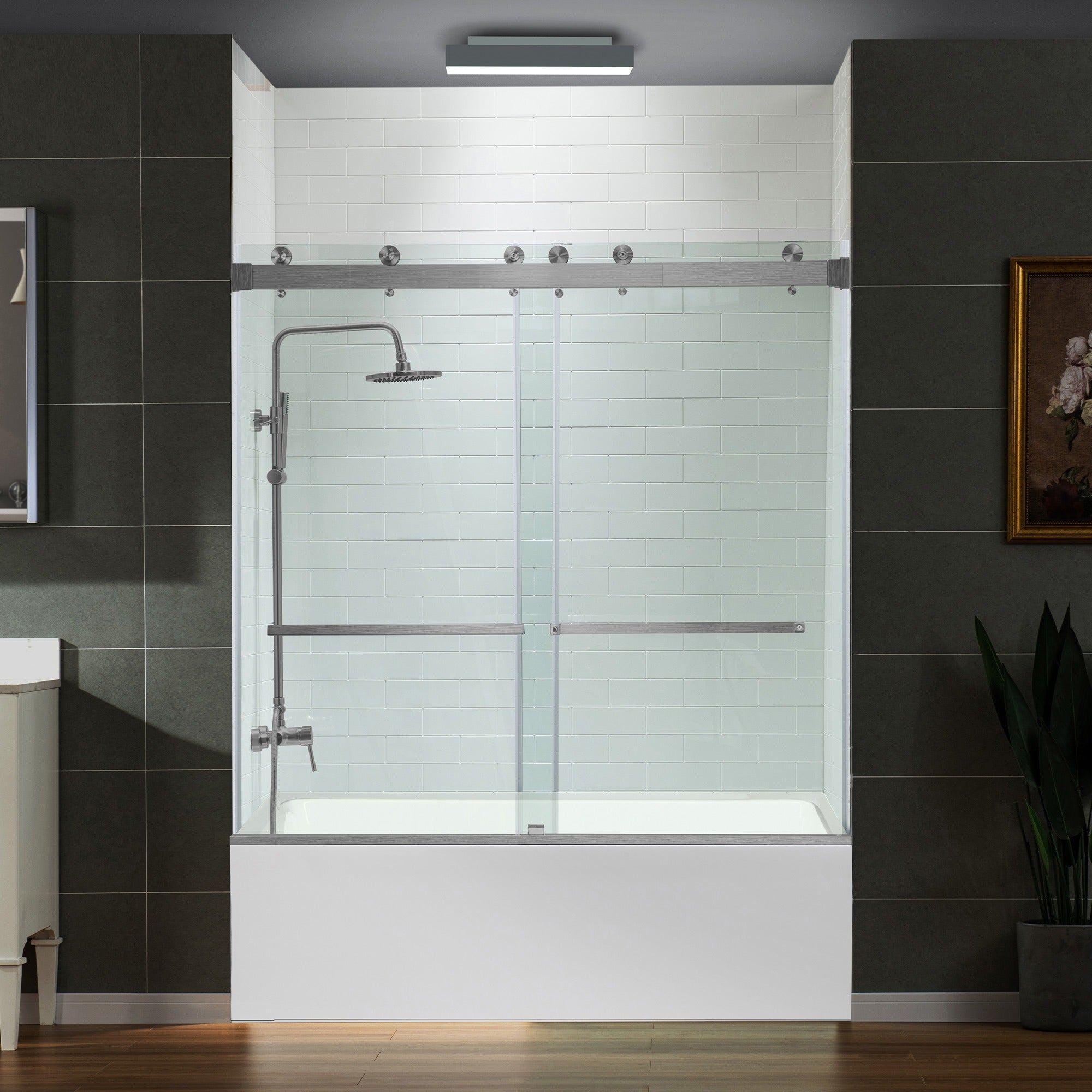 WOODBRIDGE Frameless Bathtub Shower Doors 56-60" Width x 66" Height with 5/16"(8mm) Clear Tempered Glass Double Sliding with Side Seal Strips, DDS-6066