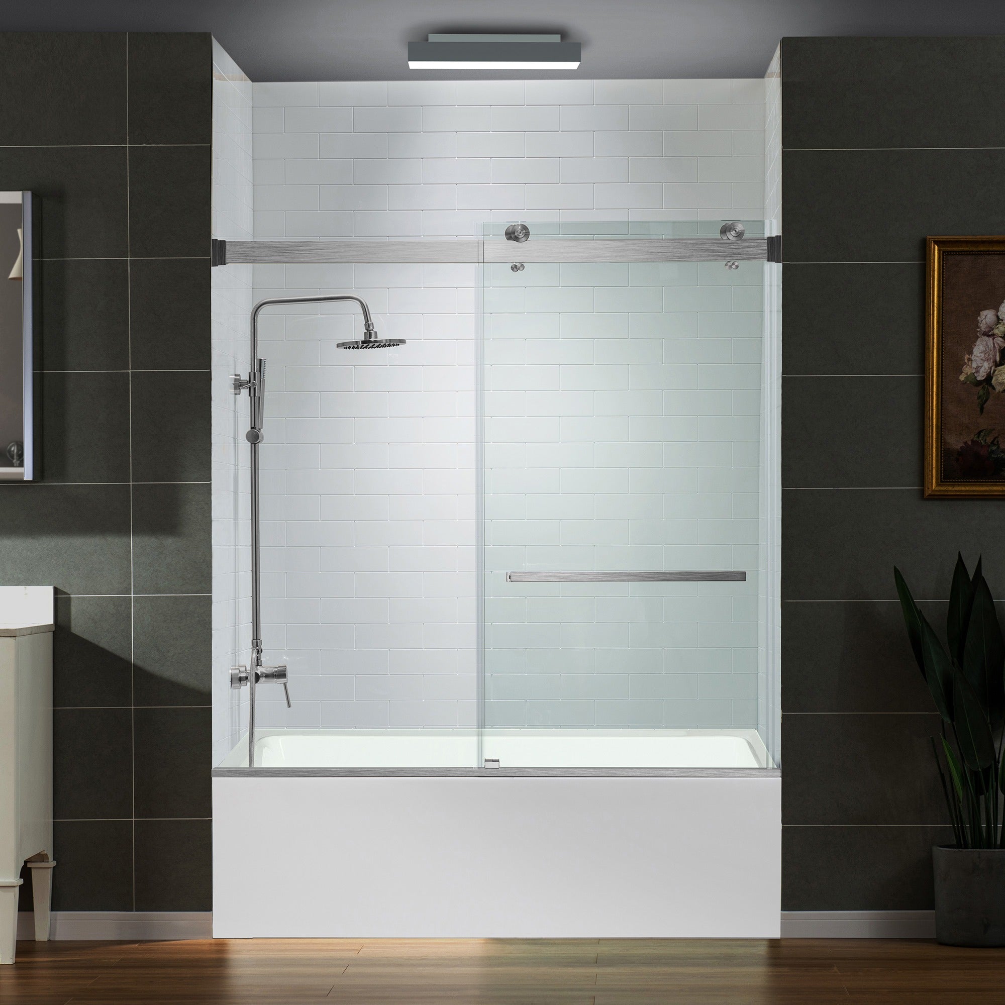 WOODBRIDGE Frameless Bathtub Shower Doors 56-60" Width x 66" Height with 5/16"(8mm) Clear Tempered Glass Double Sliding with Side Seal Strips, DDS-6066