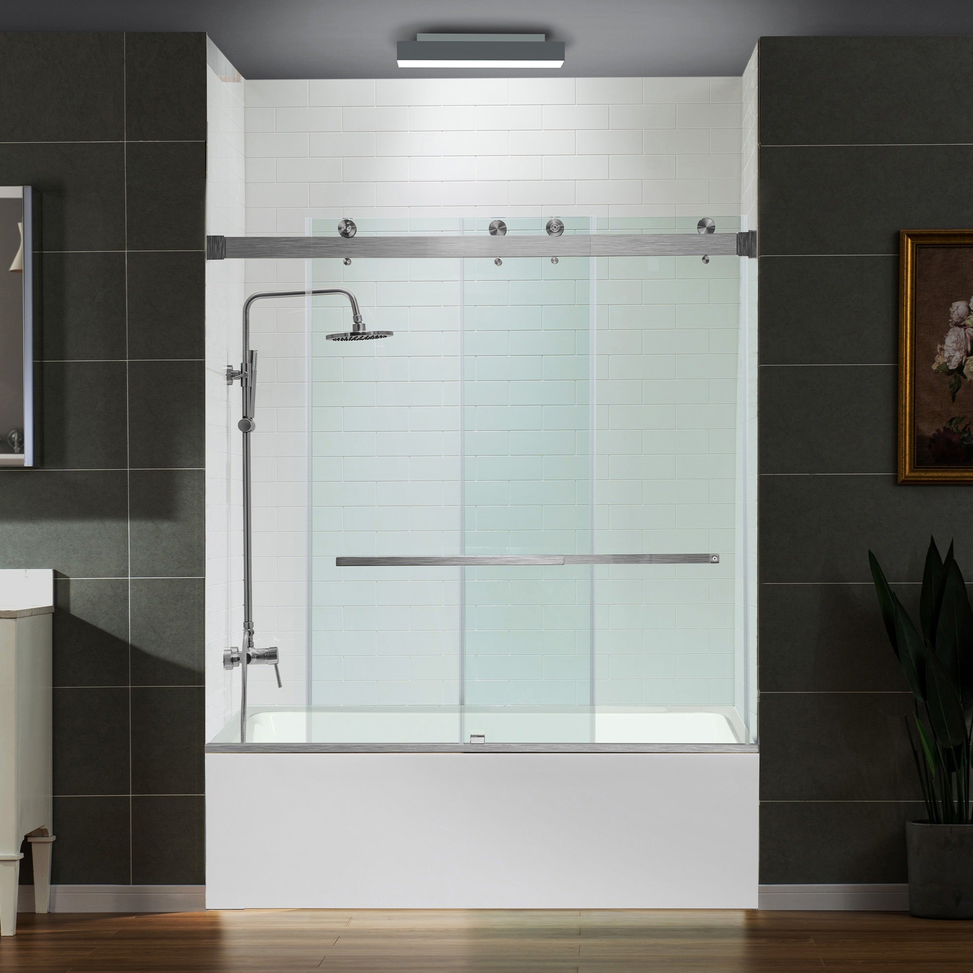 WOODBRIDGE Frameless Bathtub Shower Doors 56-60" Width x 66" Height with 5/16"(8mm) Clear Tempered Glass Double Sliding with Side Seal Strips, DDS-6066