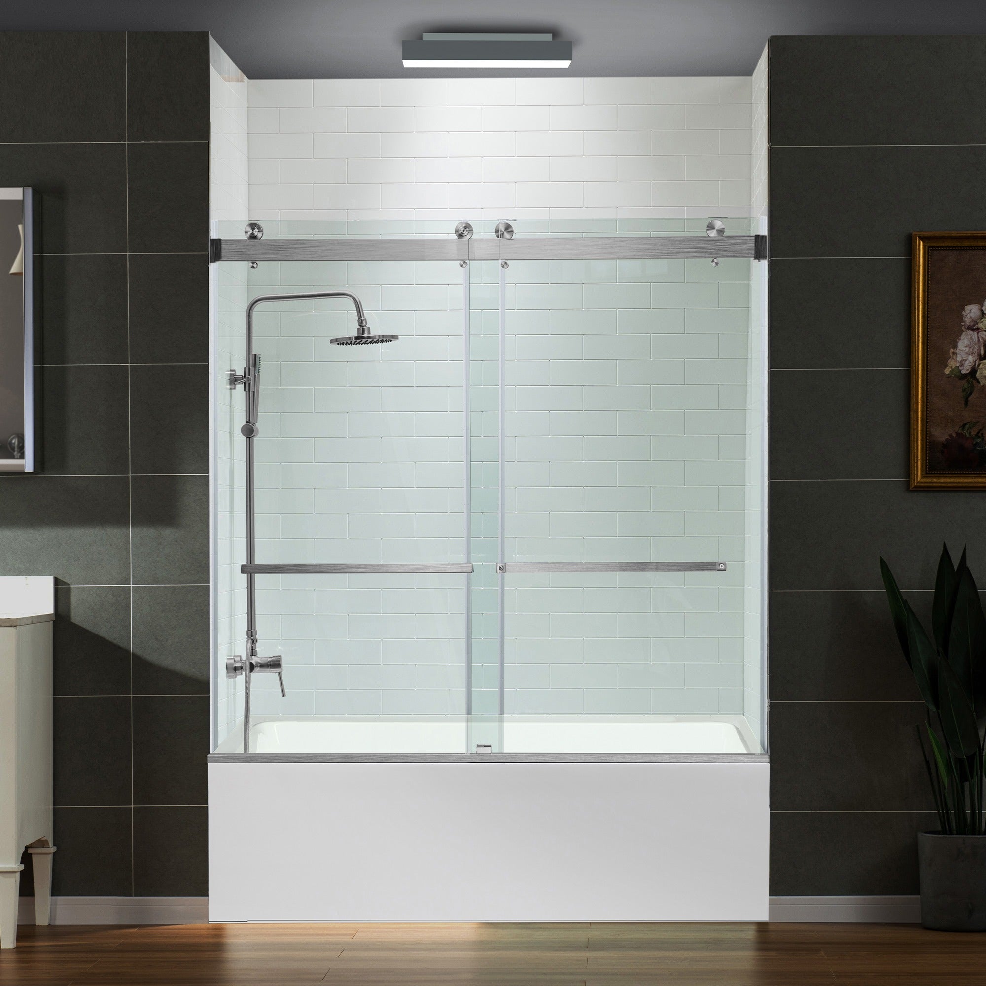 WOODBRIDGE Frameless Bathtub Shower Doors 56-60" Width x 66" Height with 5/16"(8mm) Clear Tempered Glass Double Sliding with Side Seal Strips, DDS-6066
