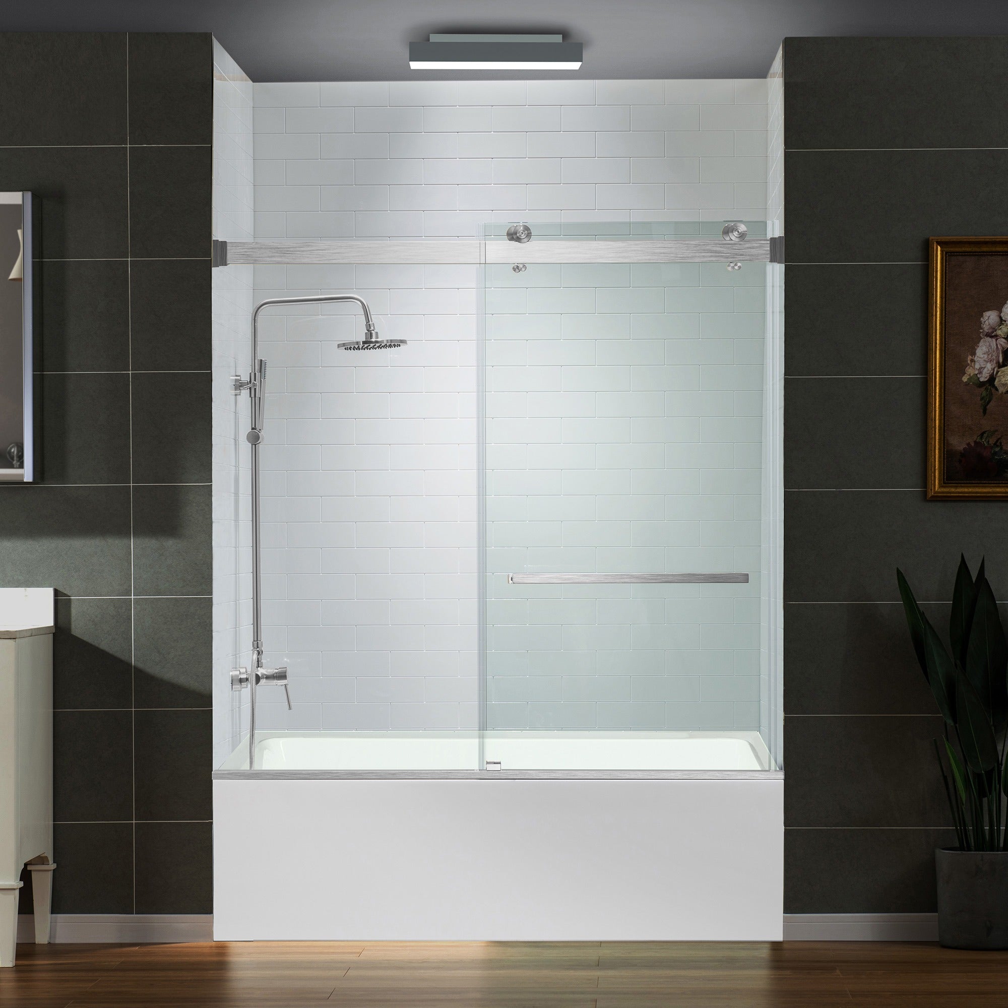 WOODBRIDGE Frameless Bathtub Shower Doors 56-60" Width x 66" Height with 5/16"(8mm) Clear Tempered Glass Double Sliding with Side Seal Strips, DDS-6066