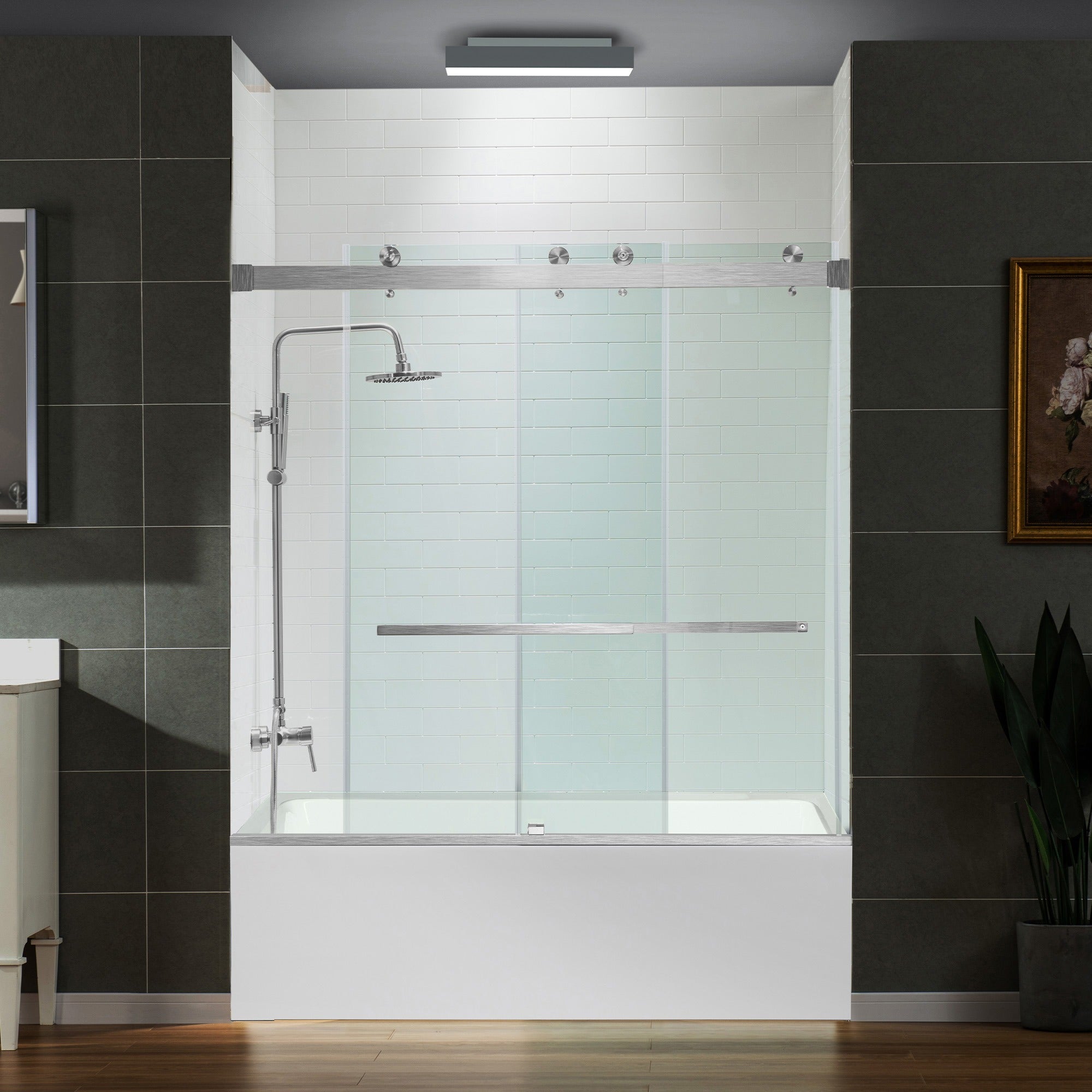 WOODBRIDGE Frameless Bathtub Shower Doors 56-60" Width x 66" Height with 5/16"(8mm) Clear Tempered Glass Double Sliding with Side Seal Strips, DDS-6066