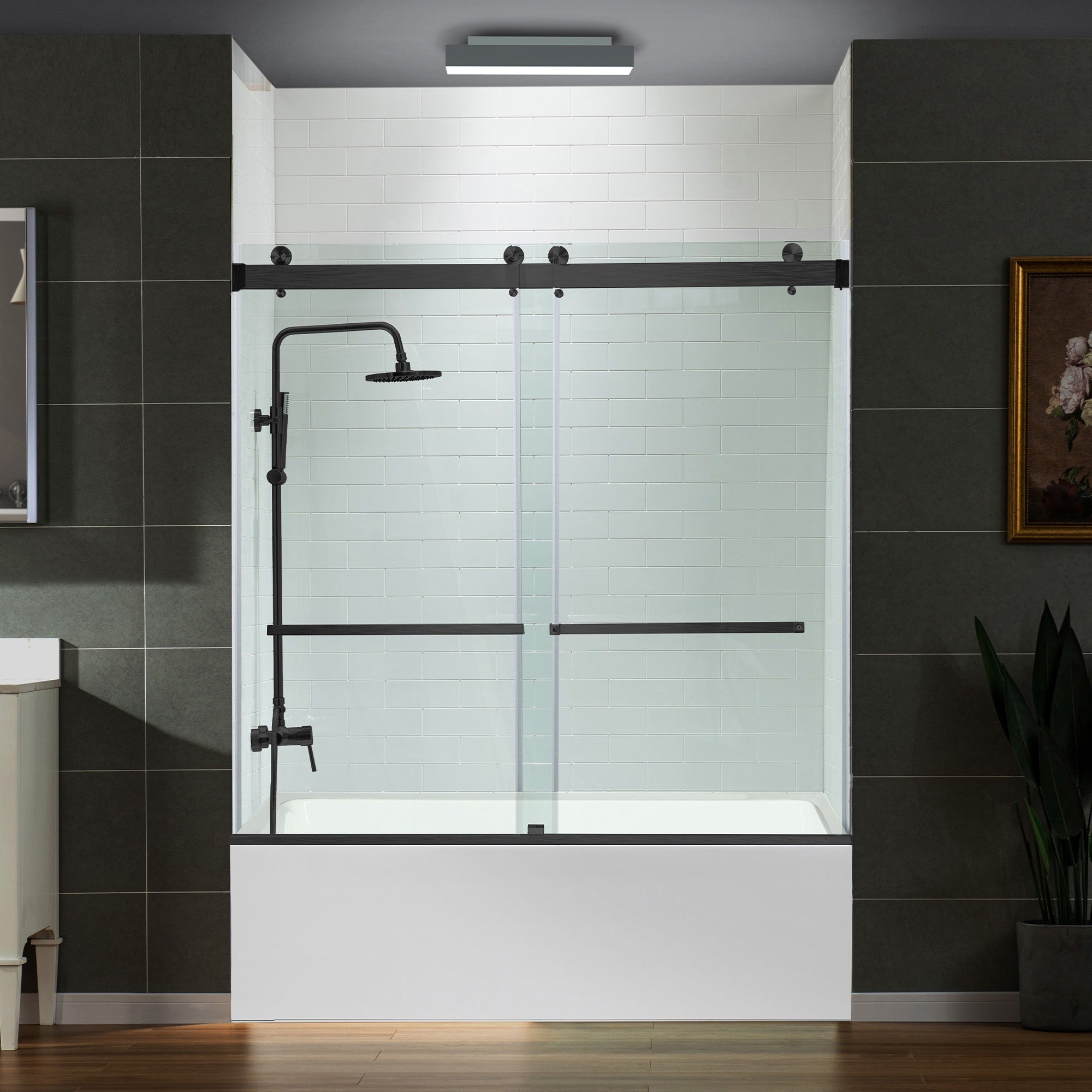 WOODBRIDGE Frameless Bathtub Shower Doors 56-60" Width x 66" Height with 5/16"(8mm) Clear Tempered Glass Double Sliding with Side Seal Strips, DDS-6066