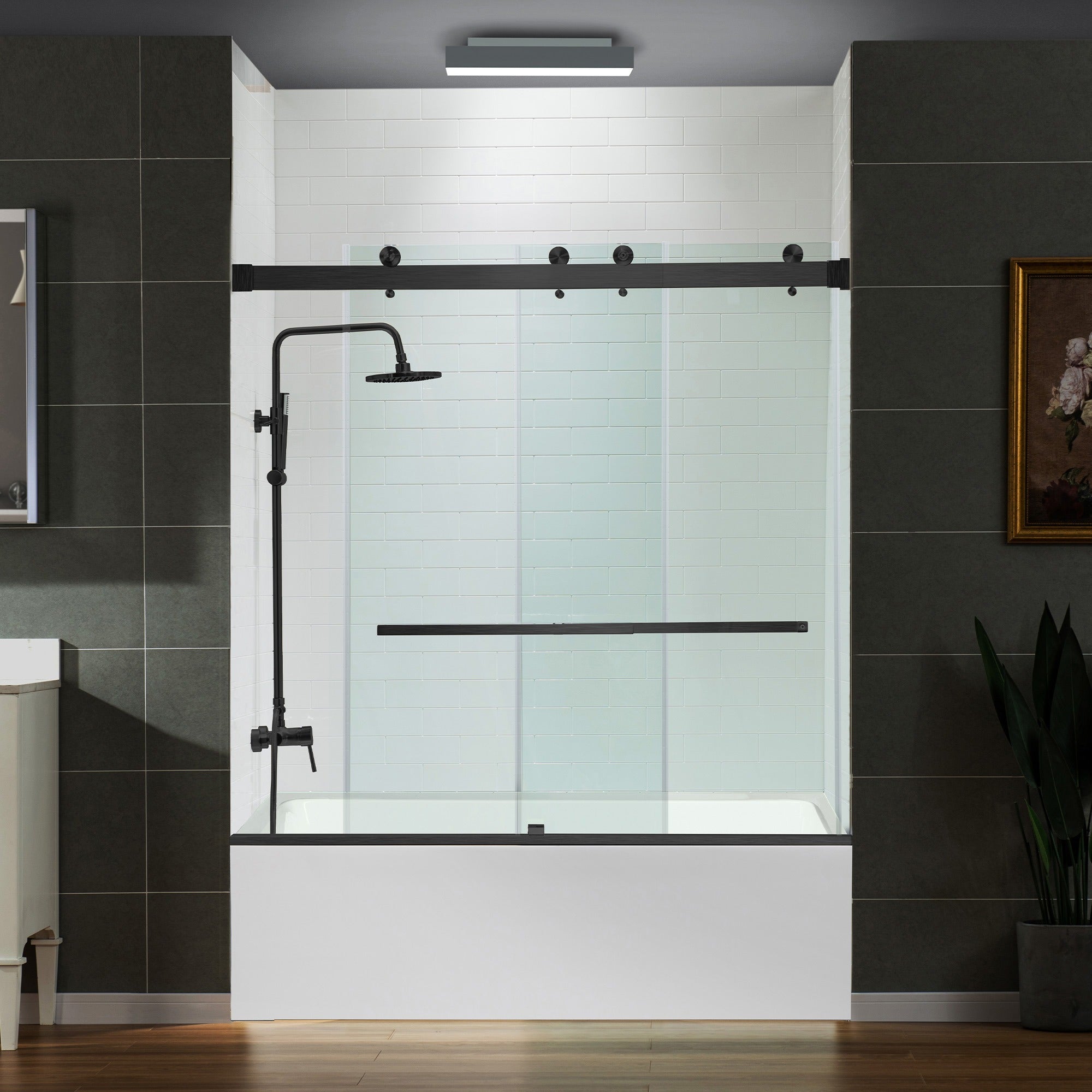 WOODBRIDGE Frameless Bathtub Shower Doors 56-60" Width x 66" Height with 5/16"(8mm) Clear Tempered Glass Double Sliding with Side Seal Strips, DDS-6066