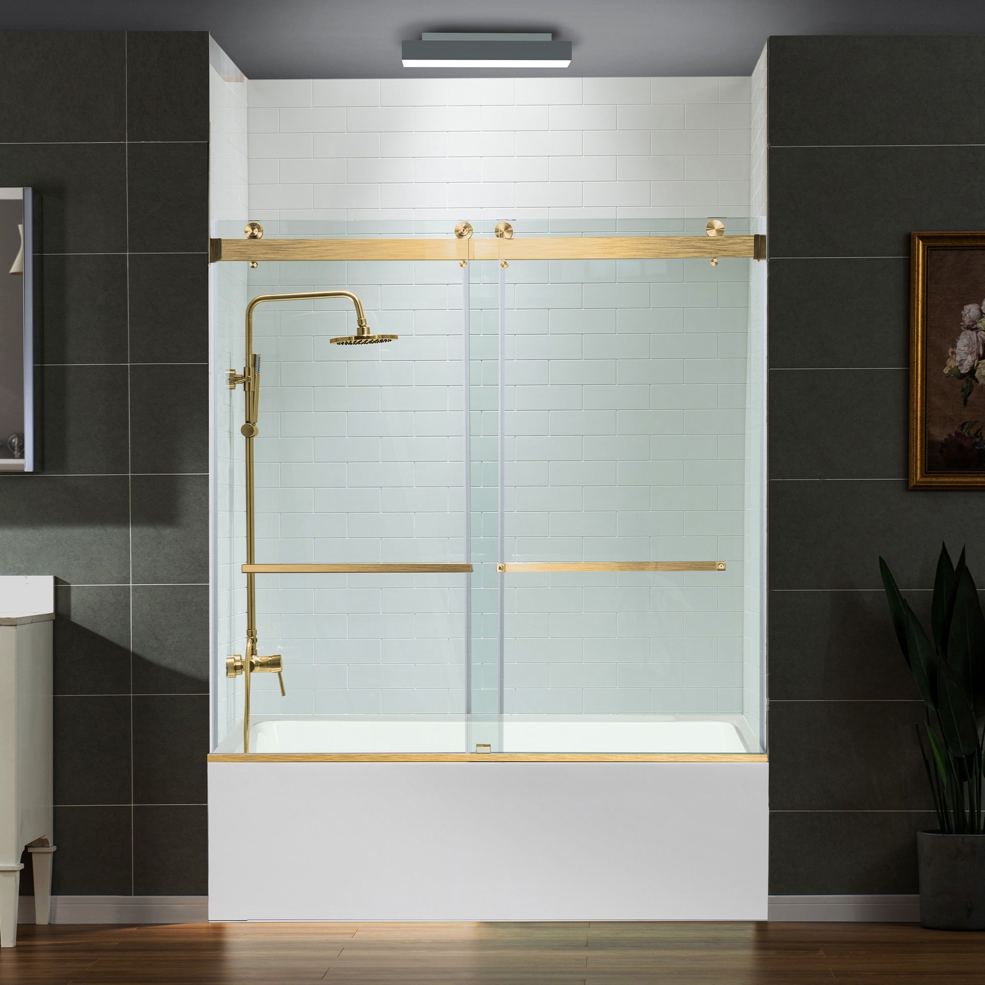 WOODBRIDGE Frameless Bathtub Shower Doors 56-60" Width x 66" Height with 5/16"(8mm) Clear Tempered Glass Double Sliding with Side Seal Strips, DDS-6066